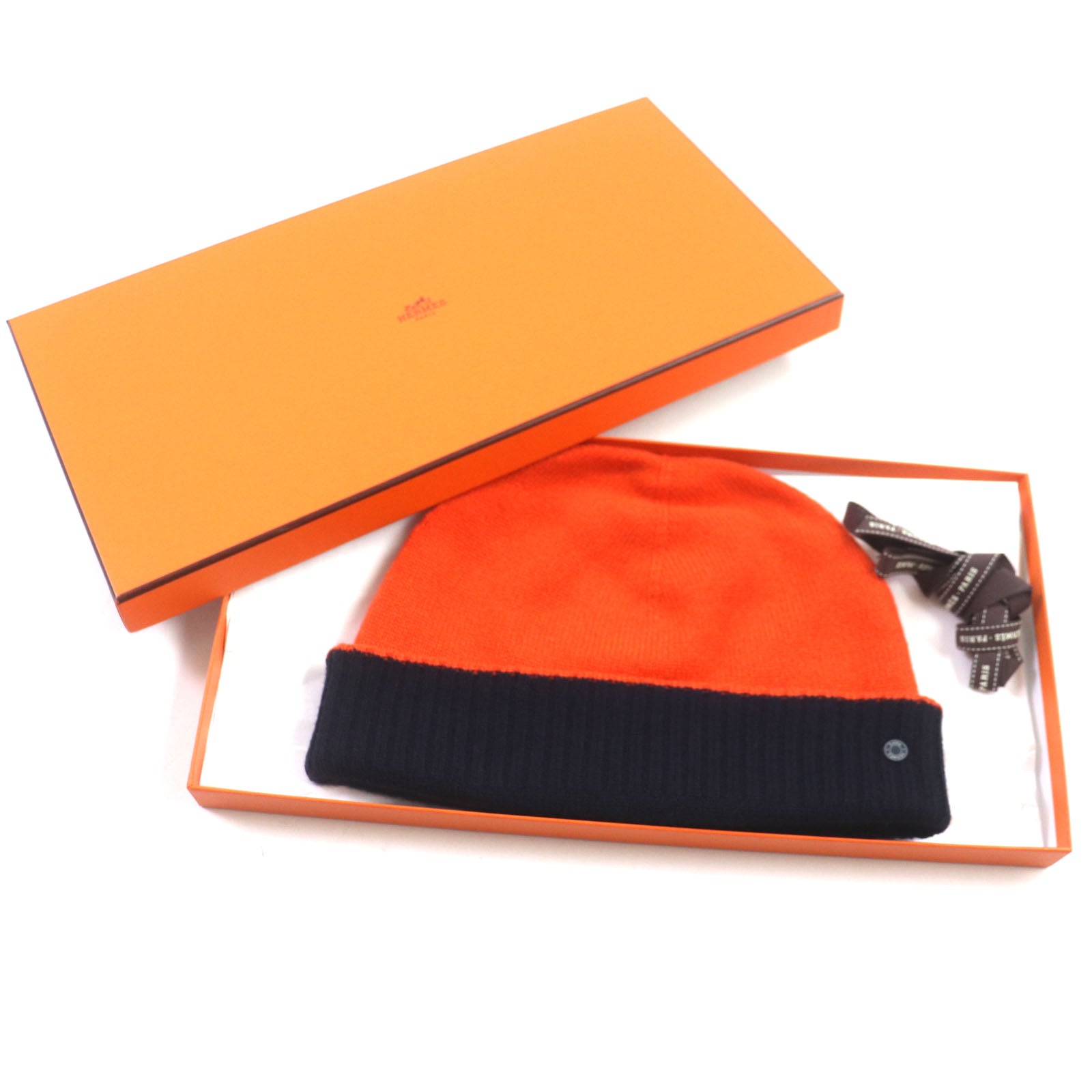 Hermes Cashmere Reversible Hat Orange Navy