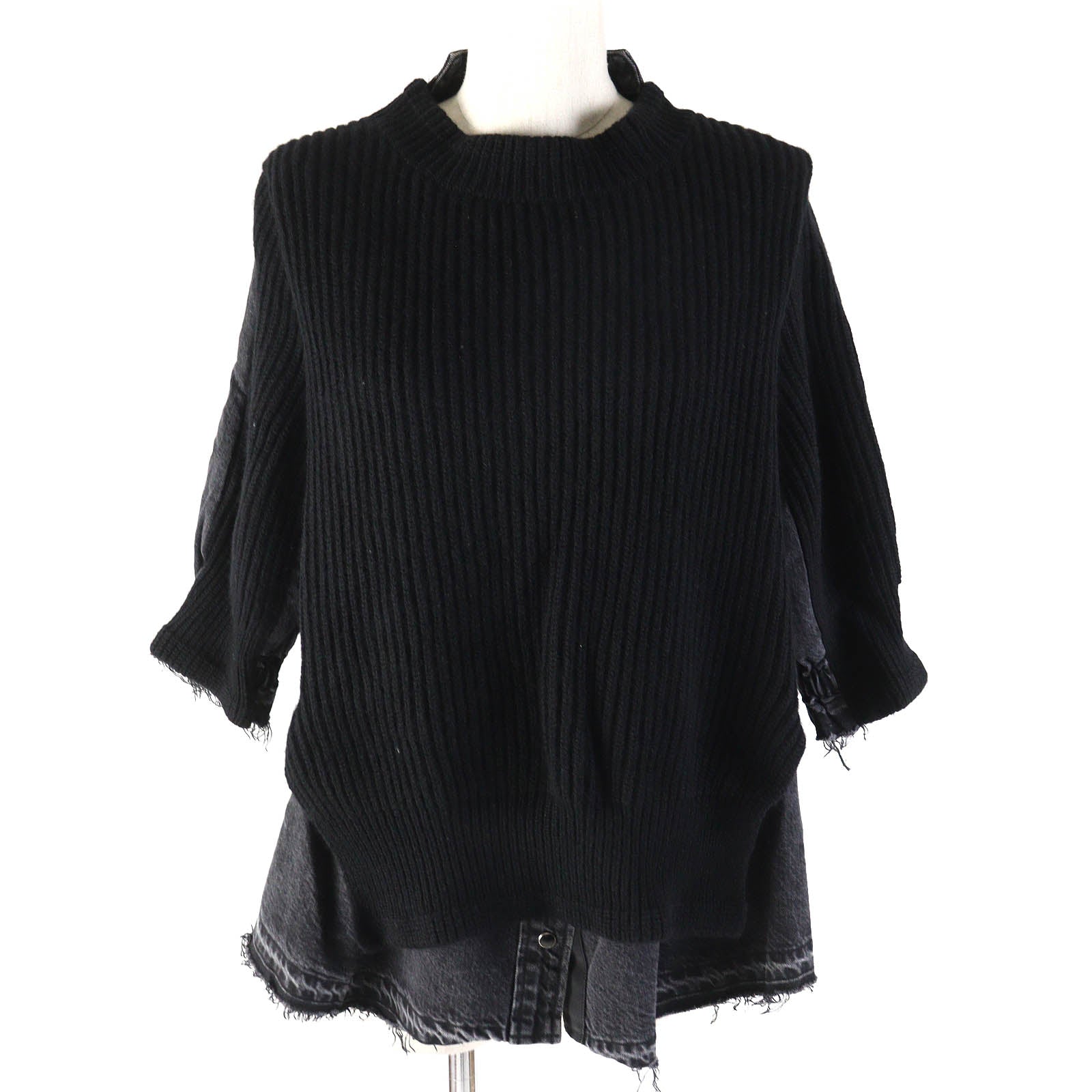 Sacai Wool Cotton Denim Puff Sleeve Knit Pullover