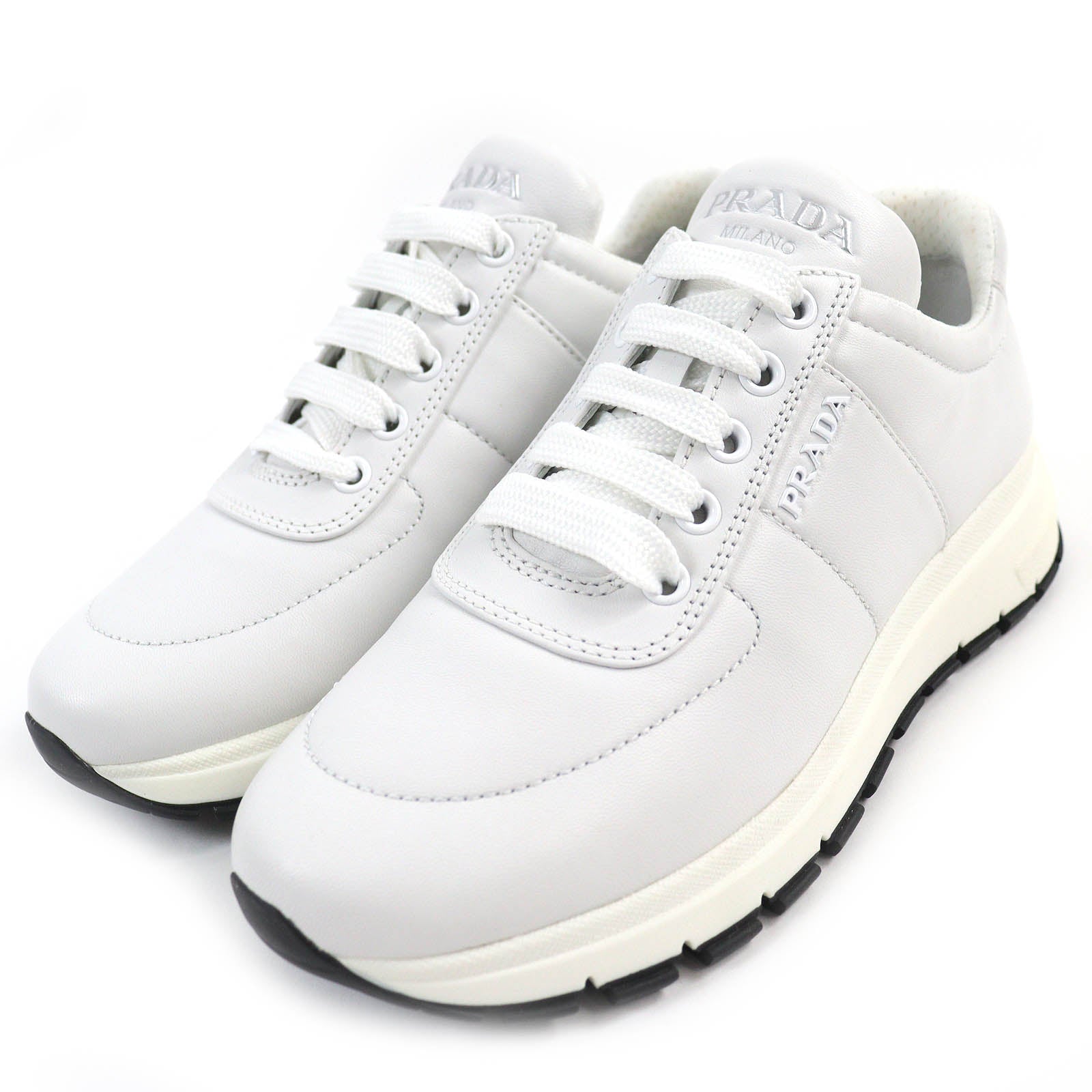 PRADA Leather Logo Low Cut Sneakers White