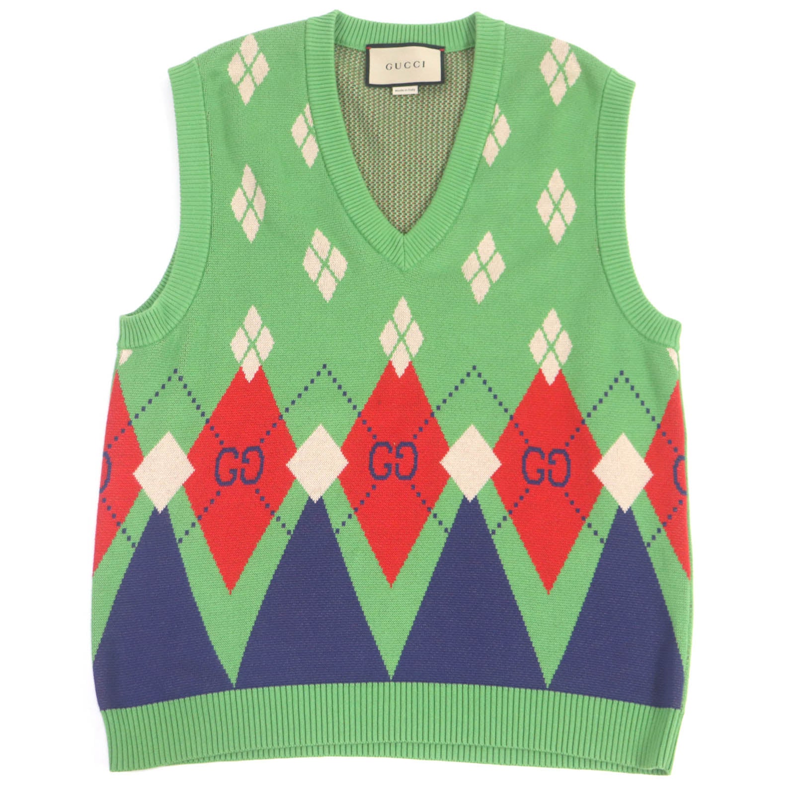 GUCCI GG Logo Argyle V-Neck Knit Gilet Green S