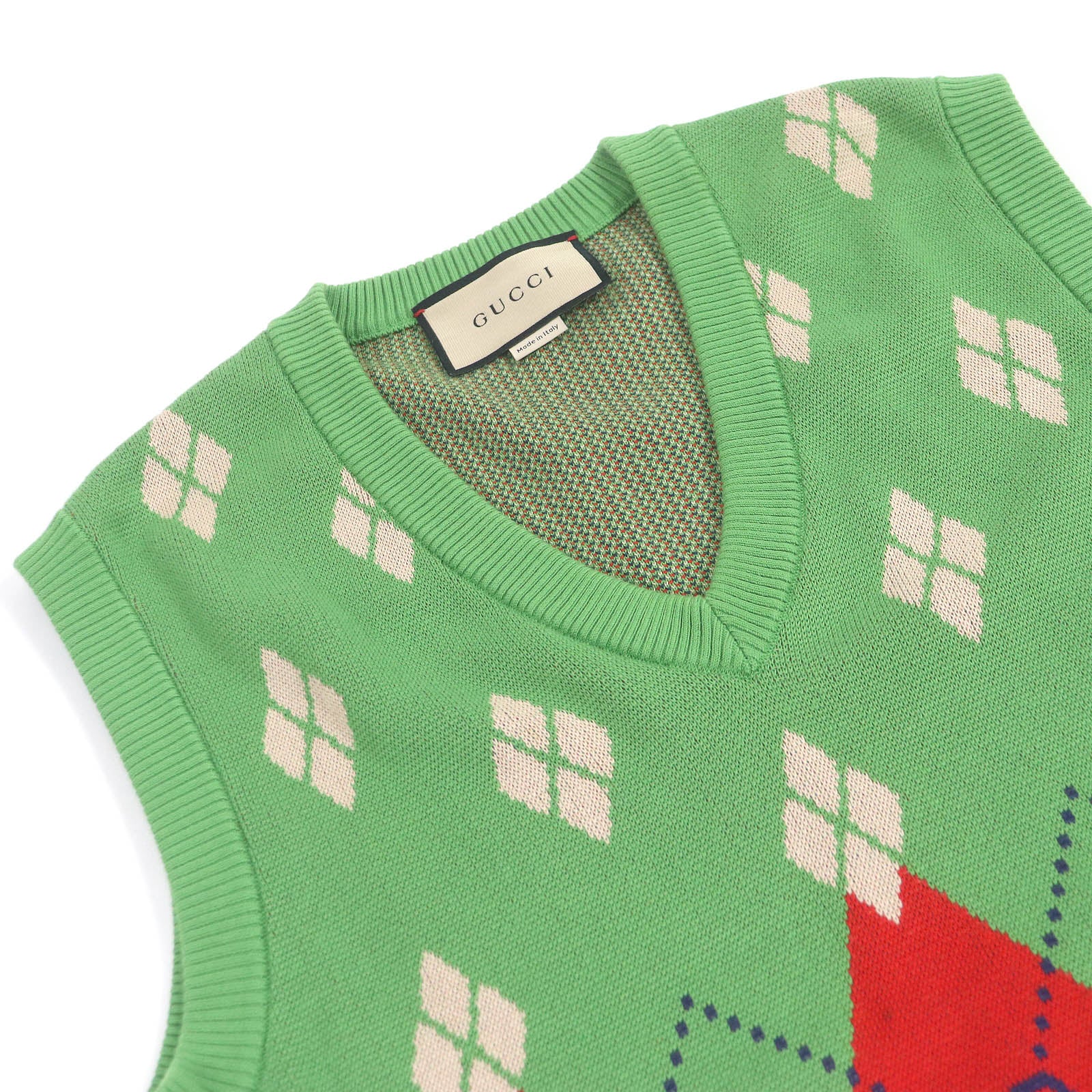 GUCCI GG Logo Argyle V-Neck Knit Gilet Green S