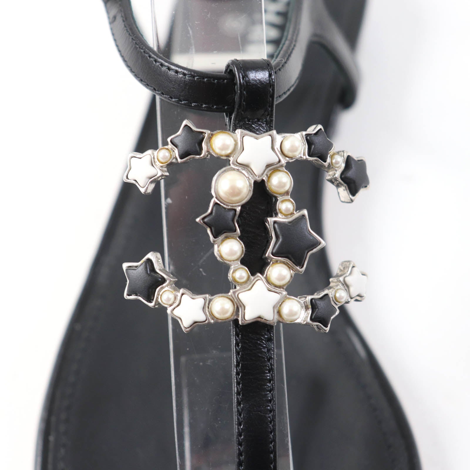 Chanel COCO Mark Star Pearl Sandals Black