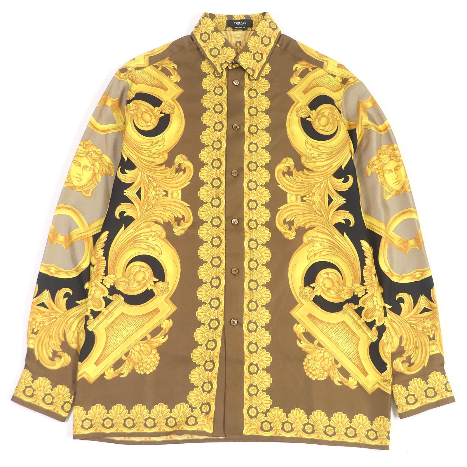 Versace Silk Medusa Baroque Shirt Brown 46