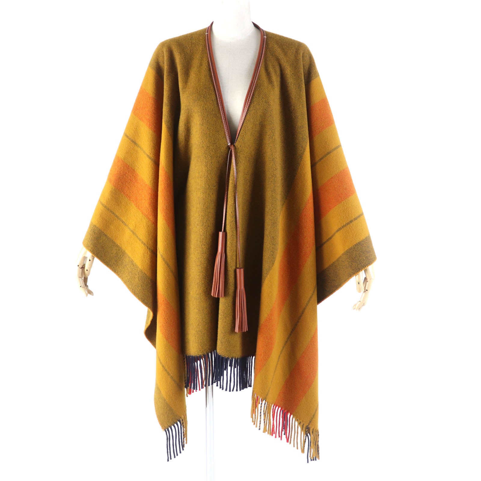 Hermes Wool Cashmere Striped Poncho Cape