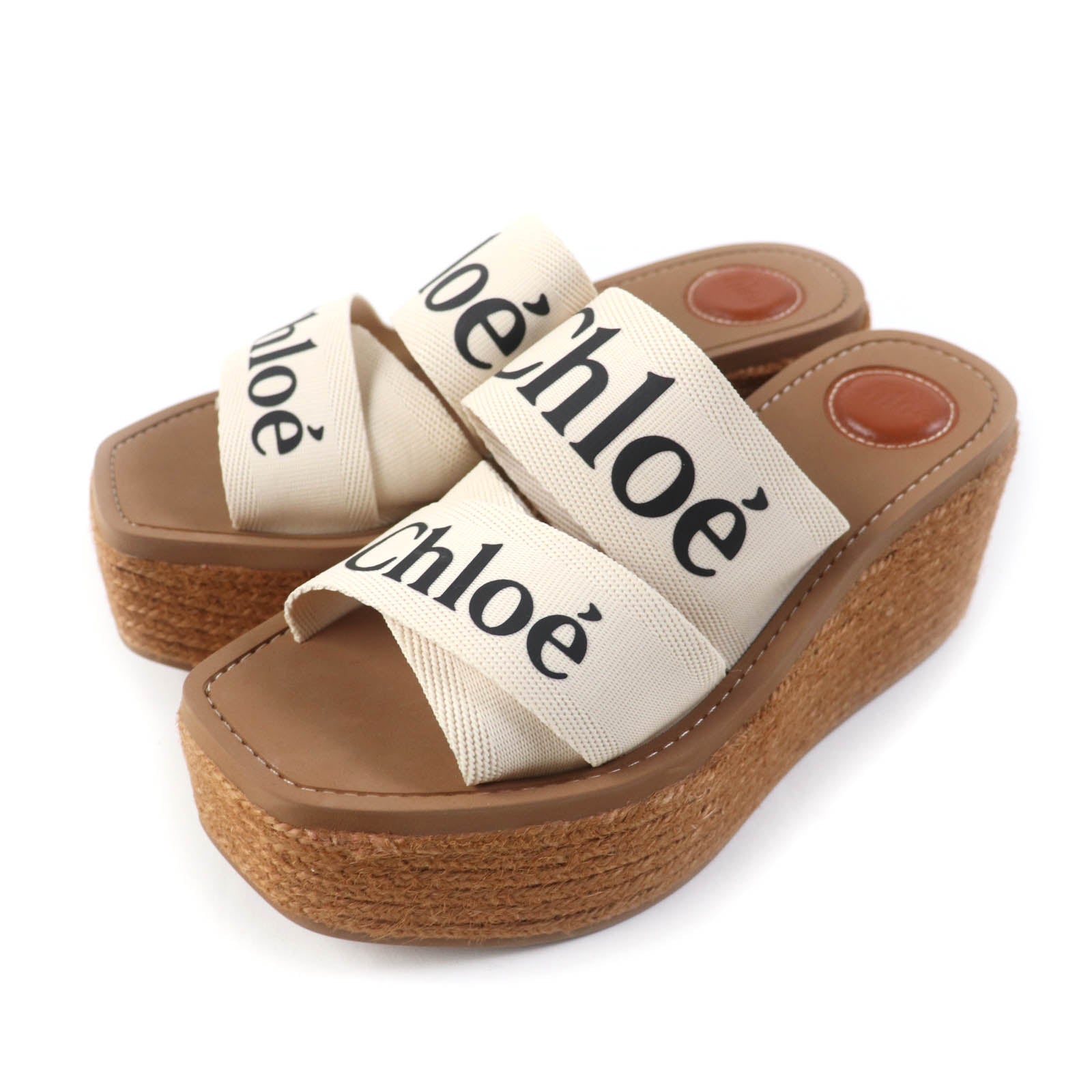 Chloe WOODY Logo Wedge Sandals Ivory 38