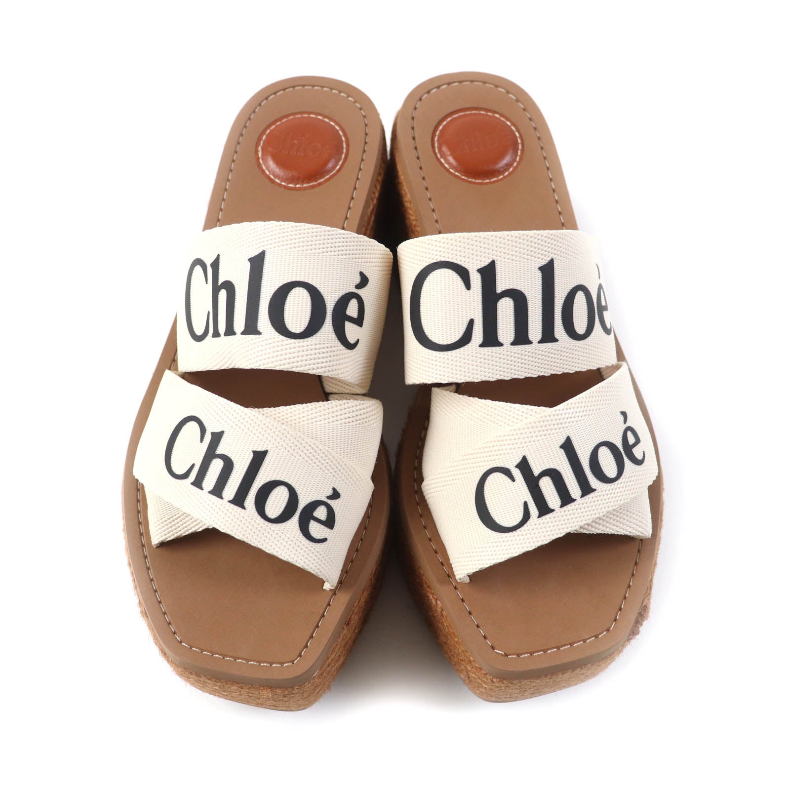 Chloe WOODY Logo Wedge Sandals Ivory 38