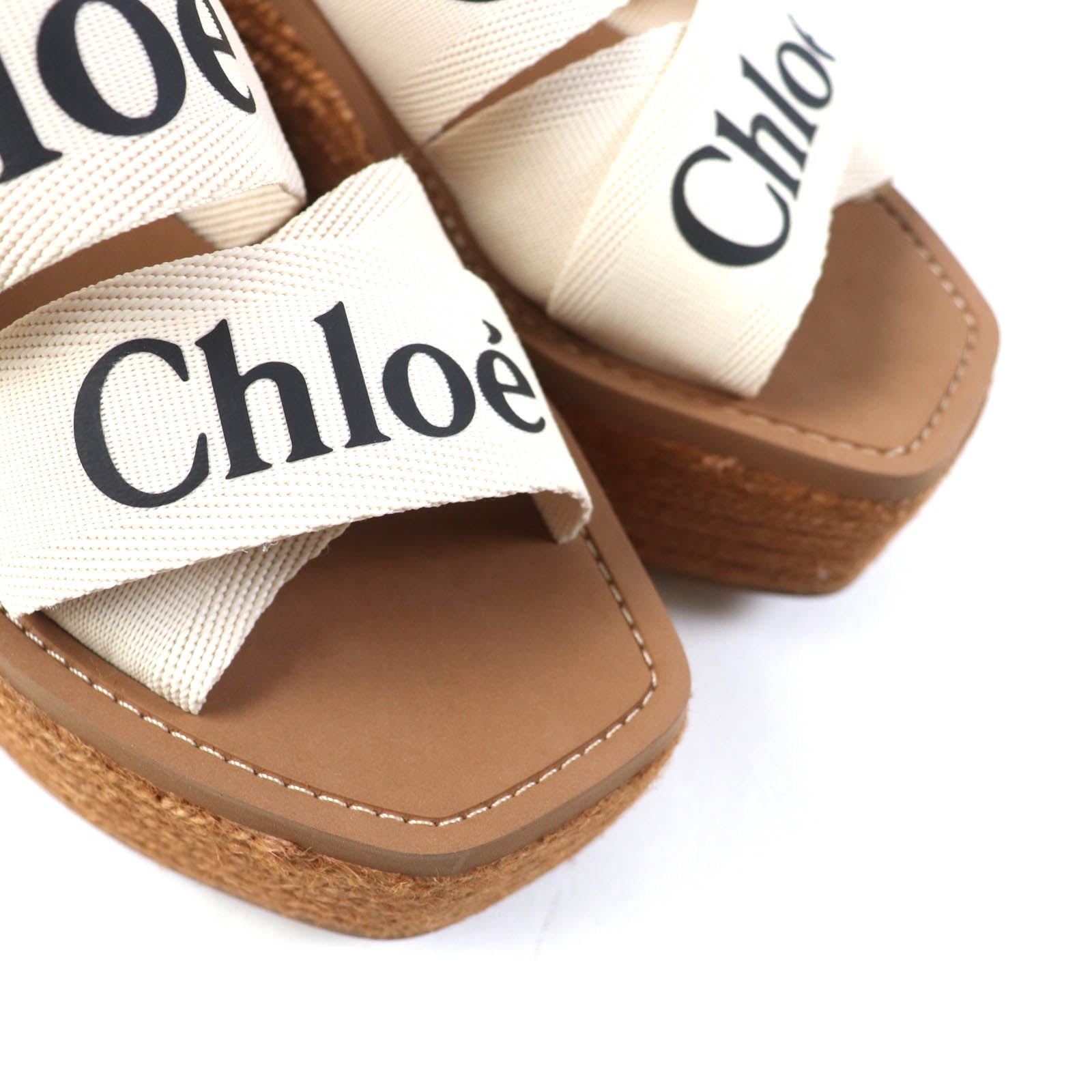 Chloe WOODY Logo Wedge Sandals Ivory 38