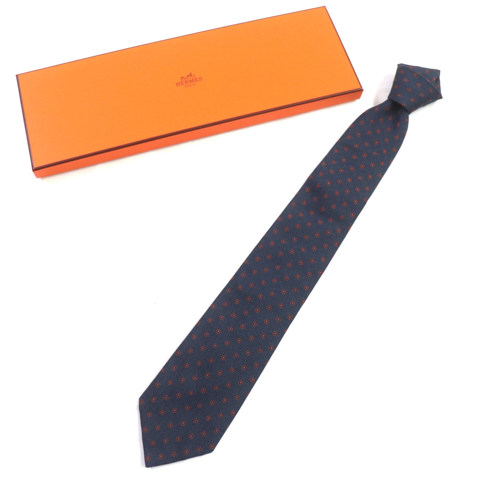 HERMES Silk H Logo Dot Tie Navy Orange