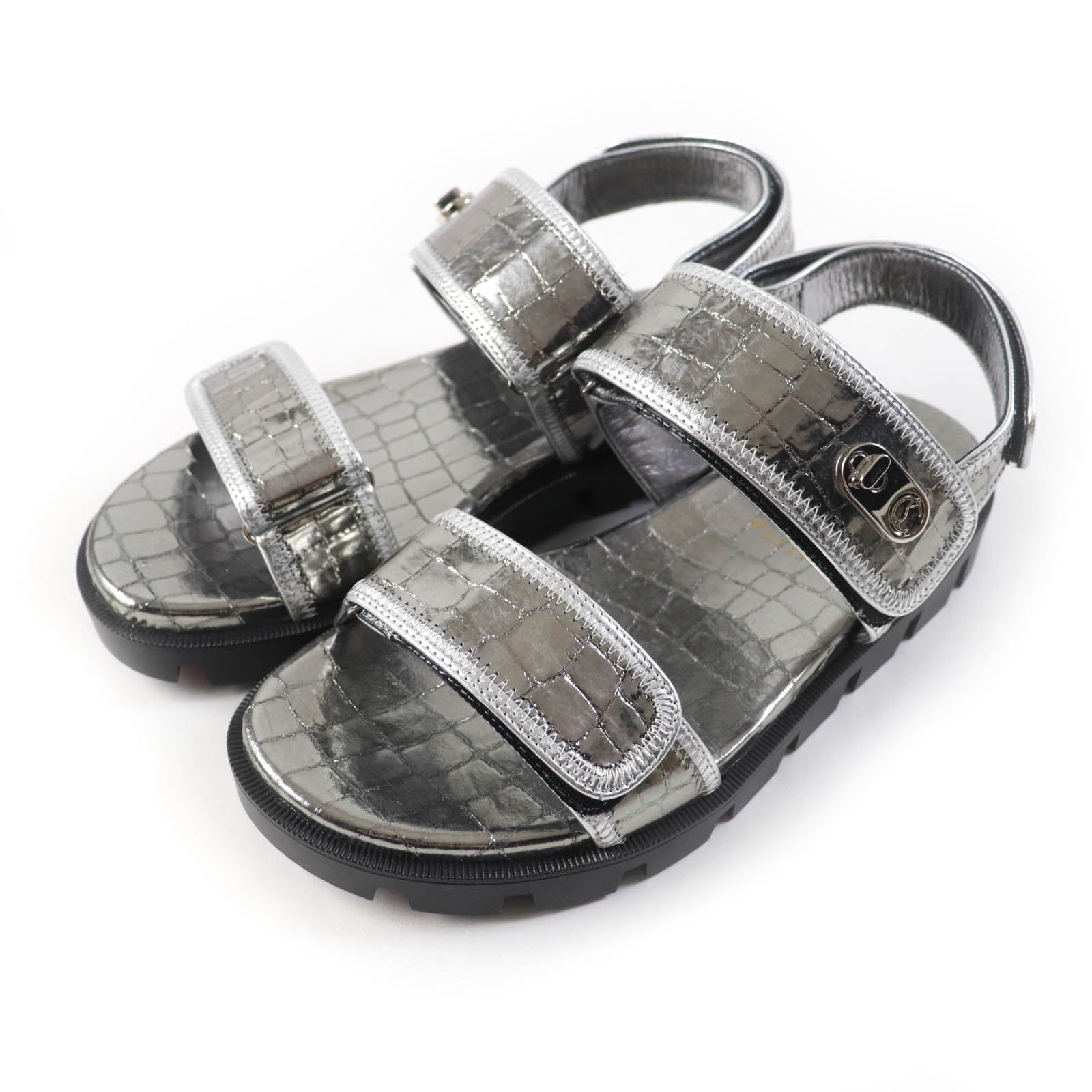 Christian Louboutin Leather LOCK COOL FLAT Sandals Silver 38