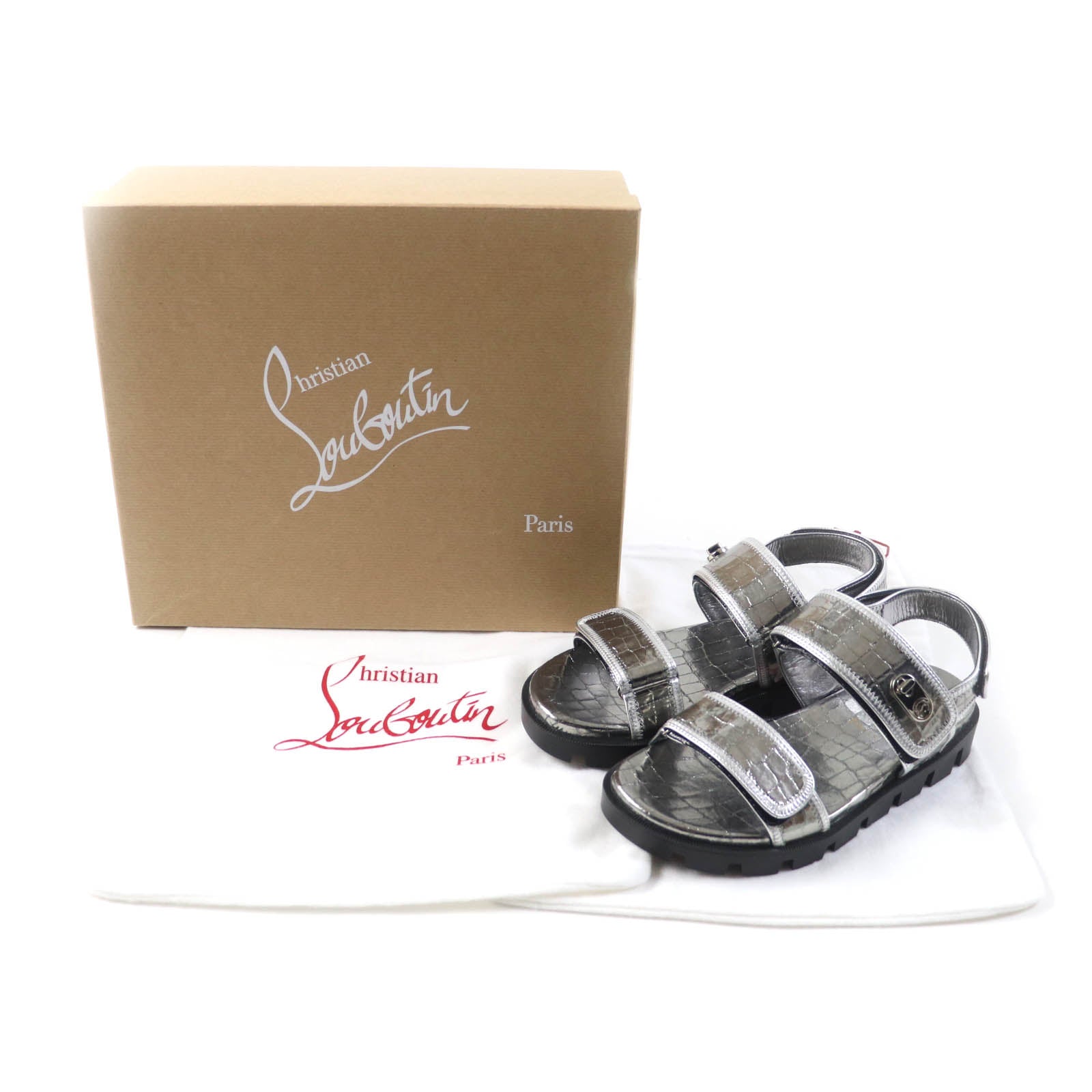 Christian Louboutin Leather LOCK COOL FLAT Sandals Silver 38