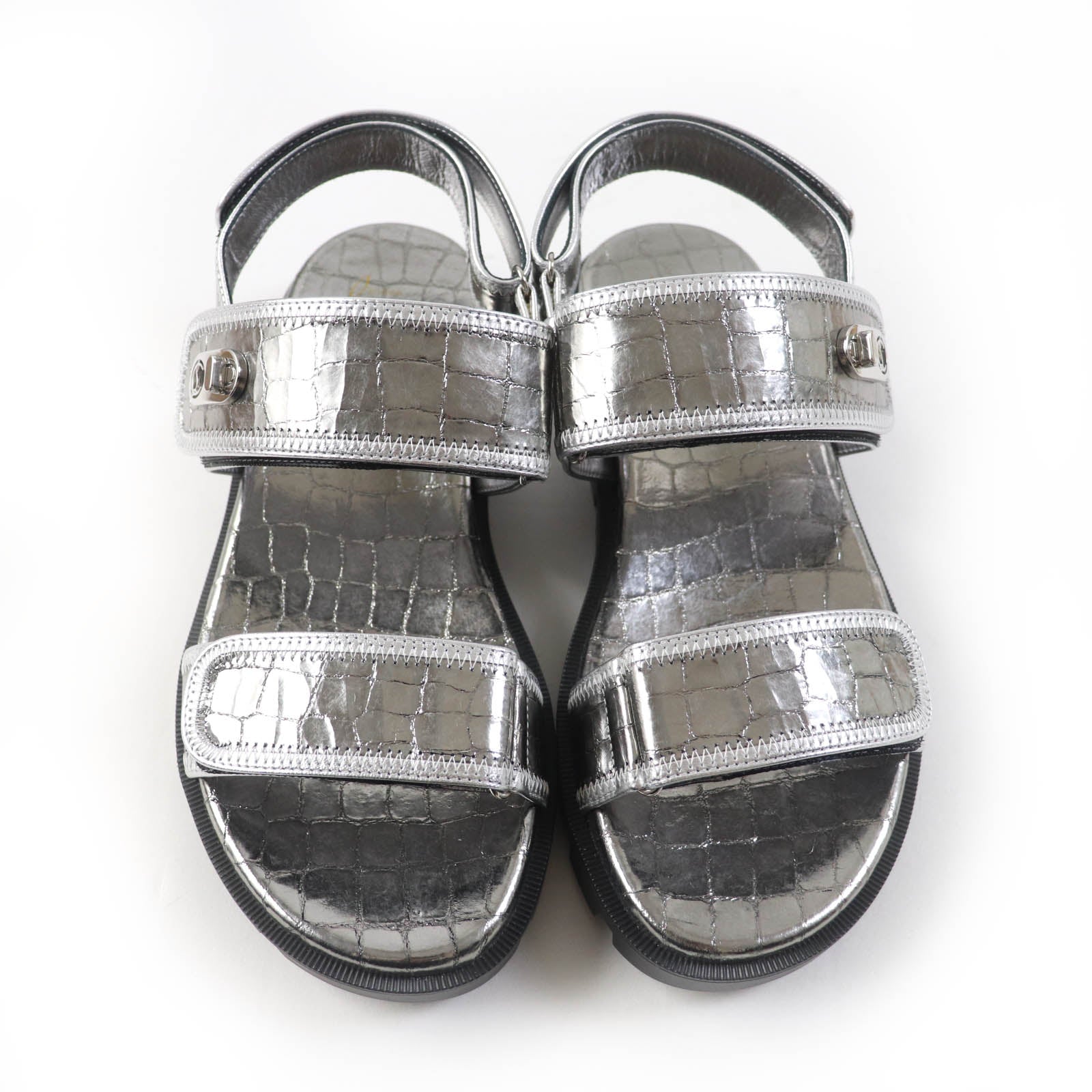 Christian Louboutin Leather LOCK COOL FLAT Sandals Silver 38