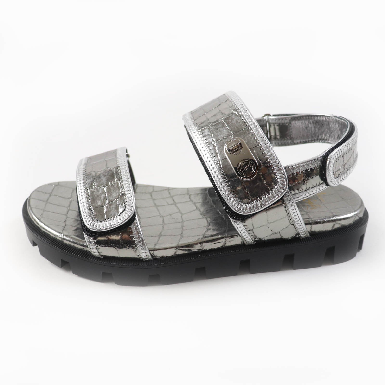 Christian Louboutin Leather LOCK COOL FLAT Sandals Silver 38