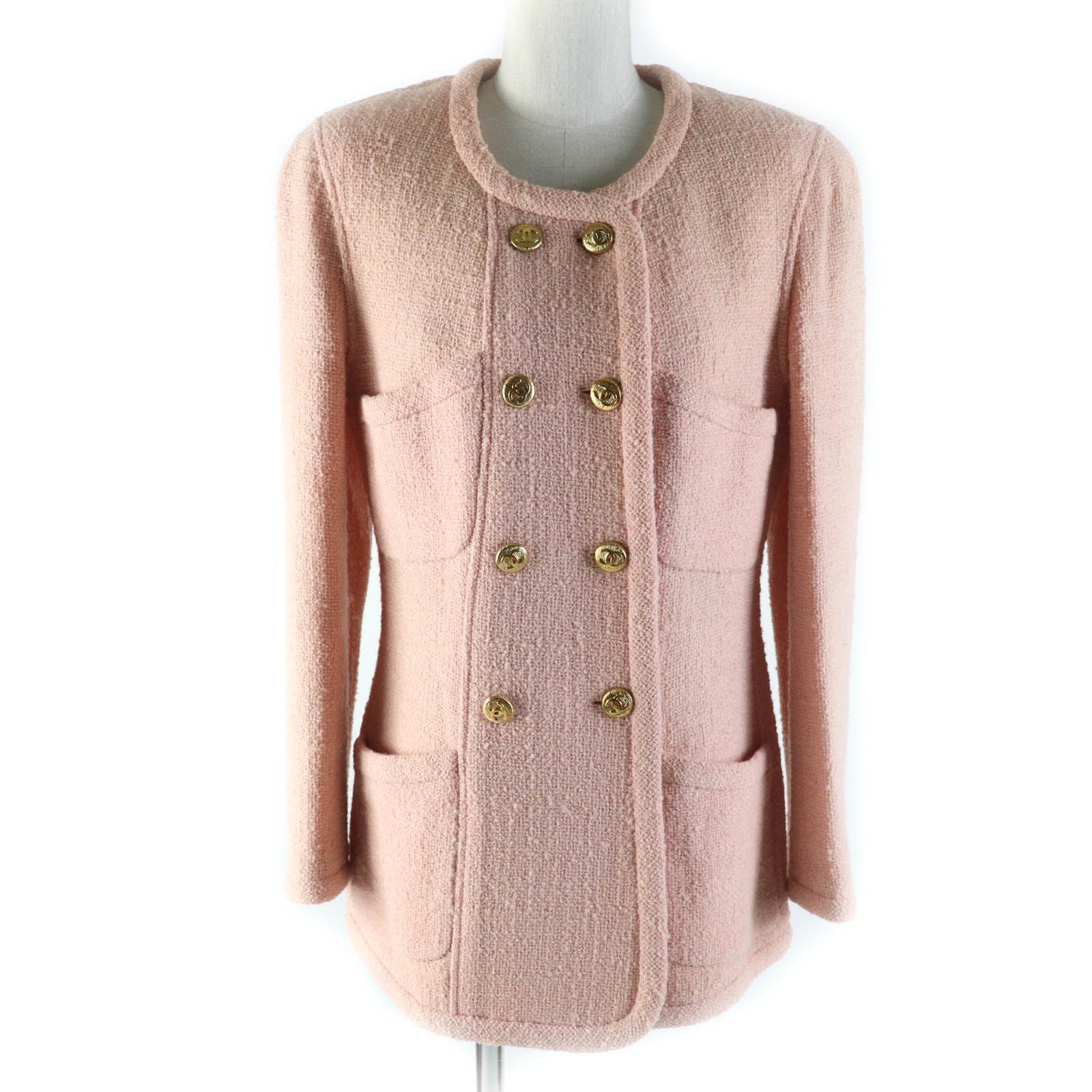 Chanel Tweed No-collar Coat Blouson Pink 40