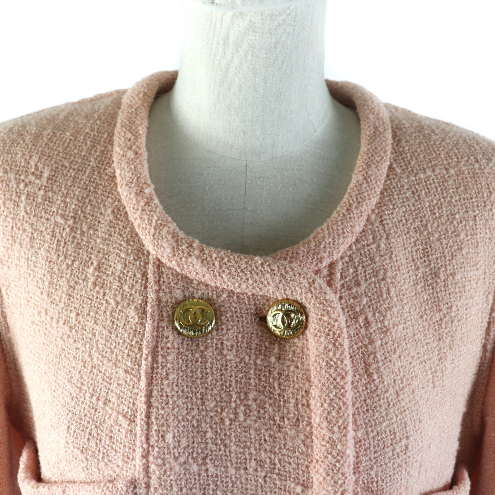 Chanel Tweed No-collar Coat Blouson Pink 40