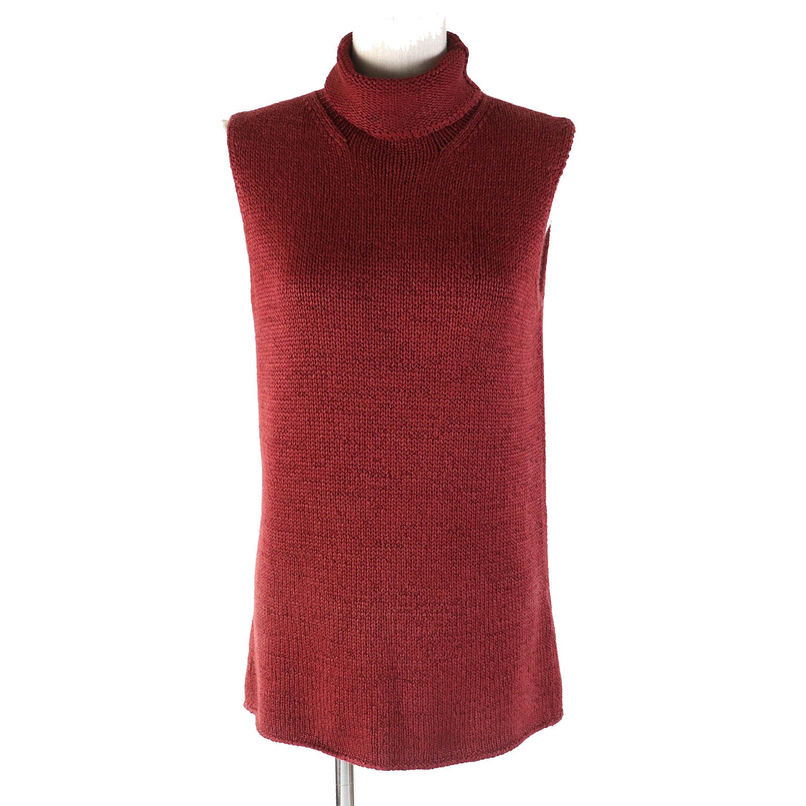 HERMES Silk Nylon Turtleneck Sleeveless Knit Red Brown S