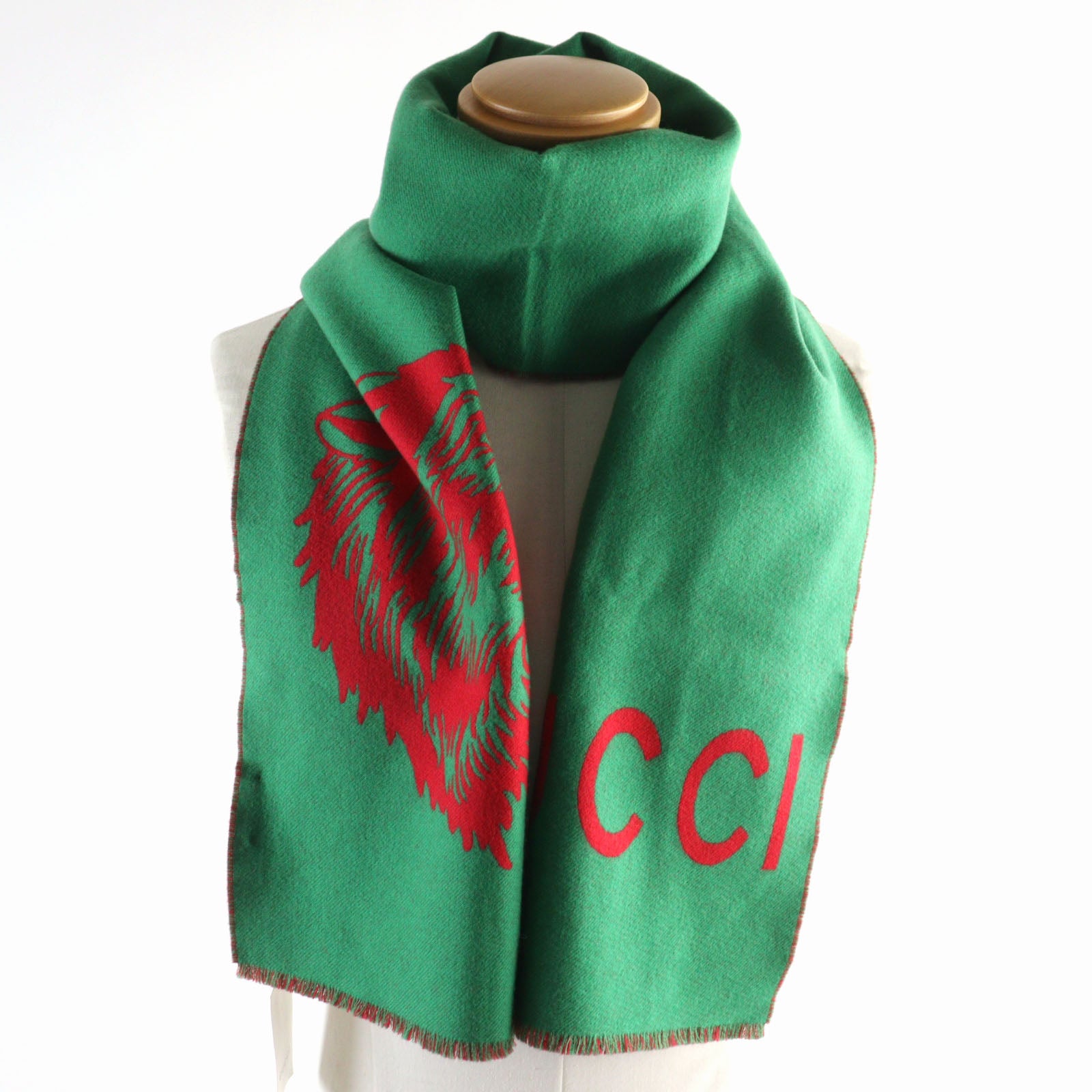 GUCCI Wool Wolf Logo Scarf Green Red