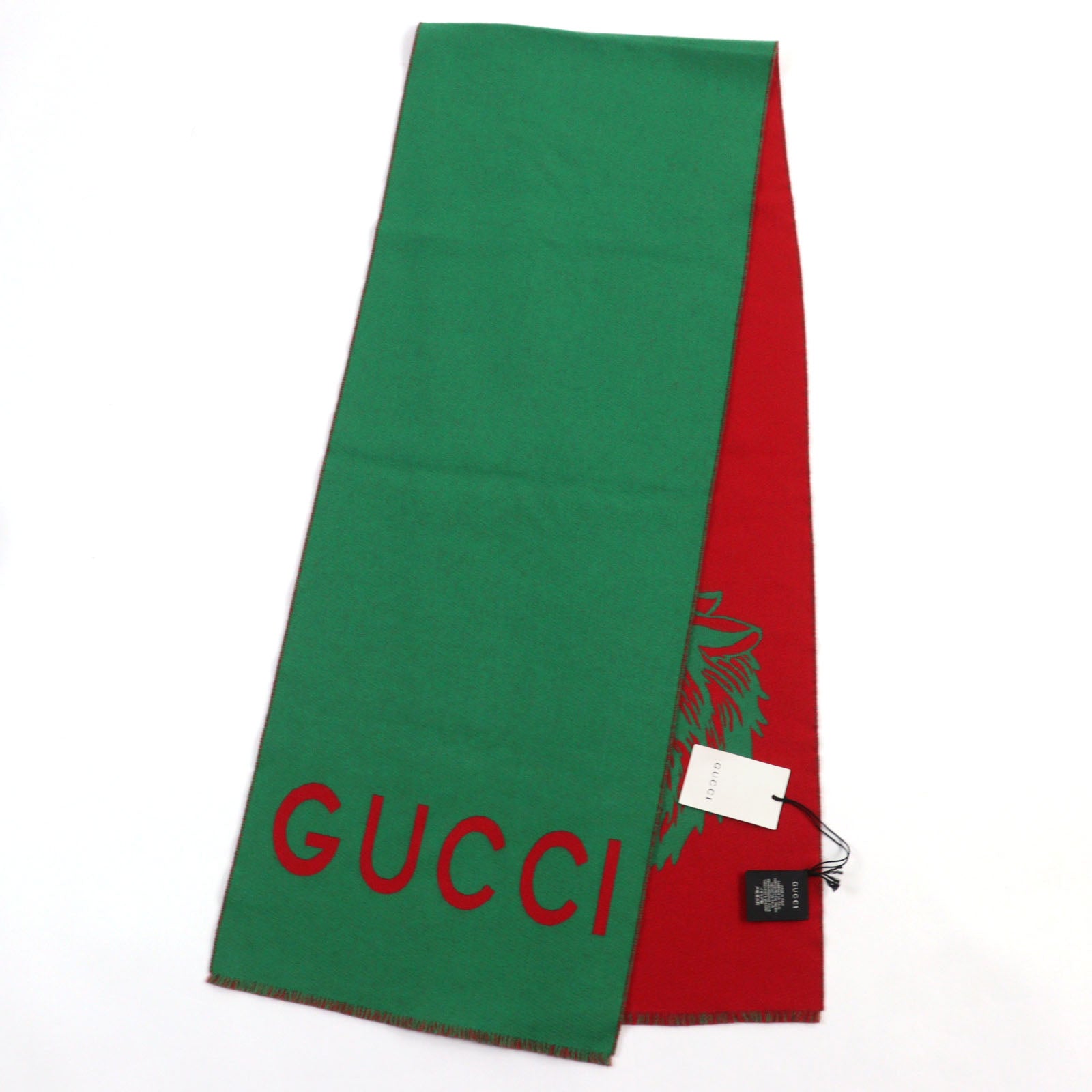 GUCCI Wool Wolf Logo Scarf Green Red