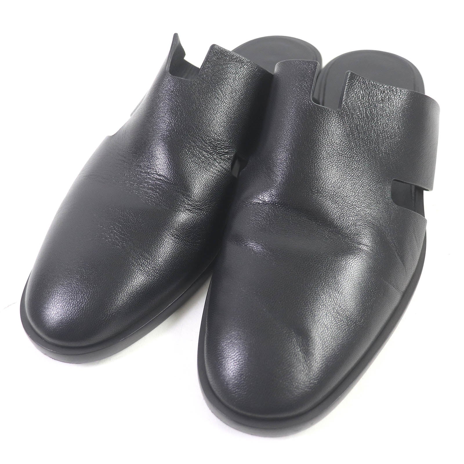 HERMES Leather H Logo Flat Shoes Black 43