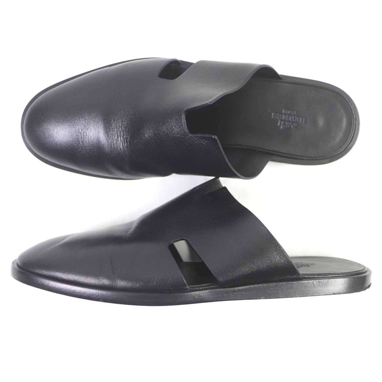 HERMES Leather H Logo Flat Shoes Black 43