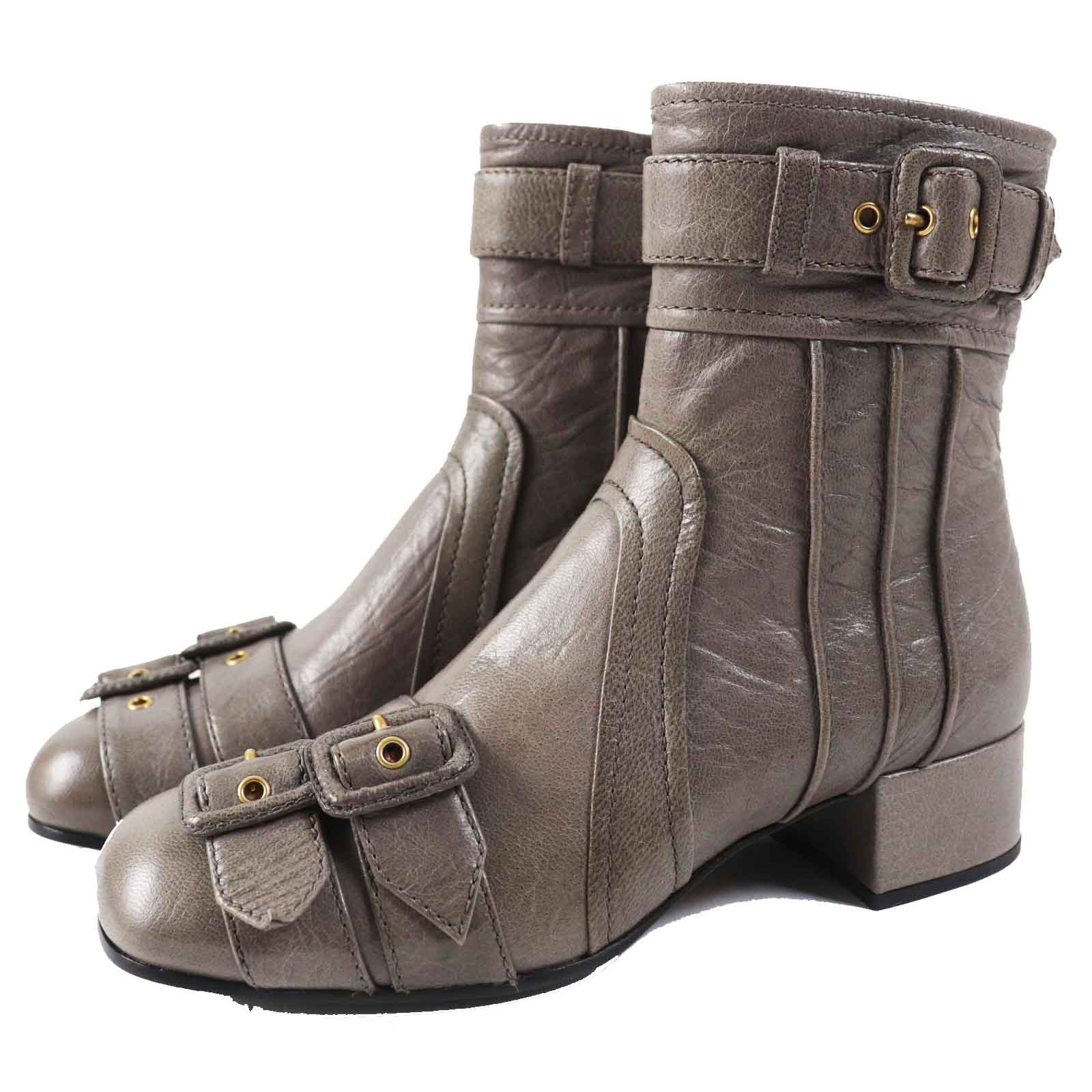 PRADA Leather Short Boots Brown Gray 37.5