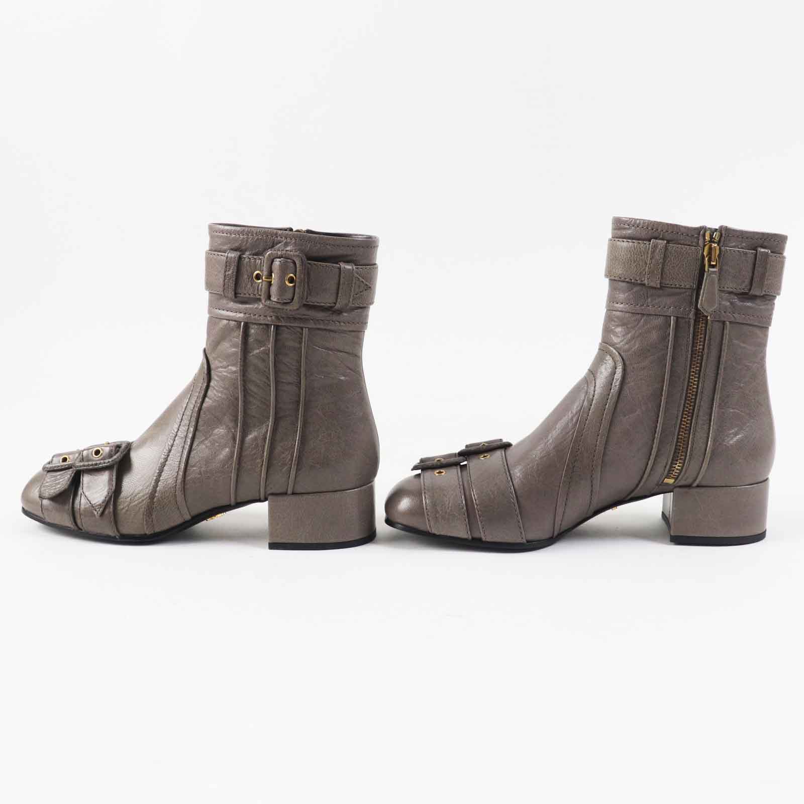 PRADA Leather Short Boots Brown Gray 37.5