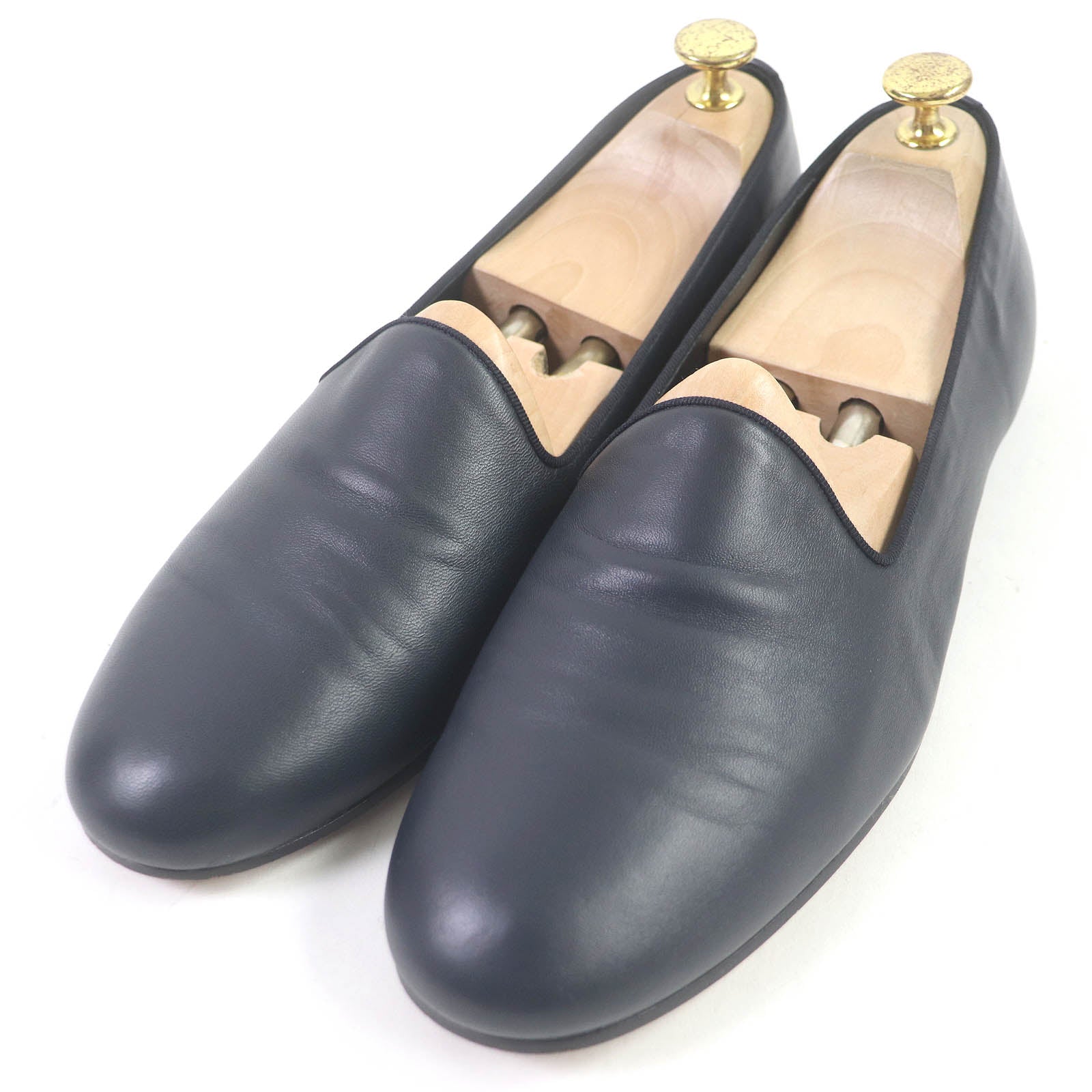 HERMES Leather Slip-on Loafers Navy 41