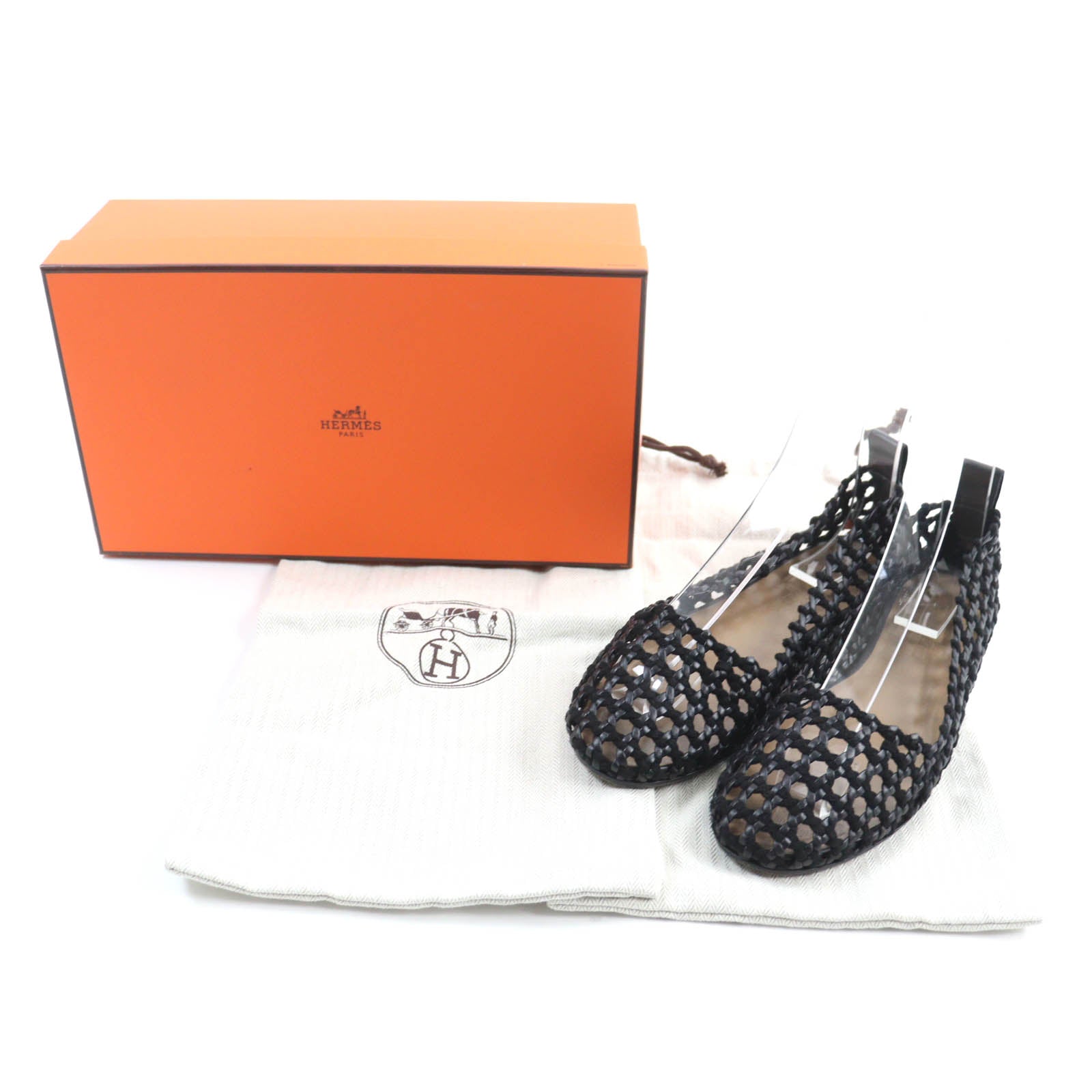 HERMES Suede Leather Braided Flat Shoes Black 36.5