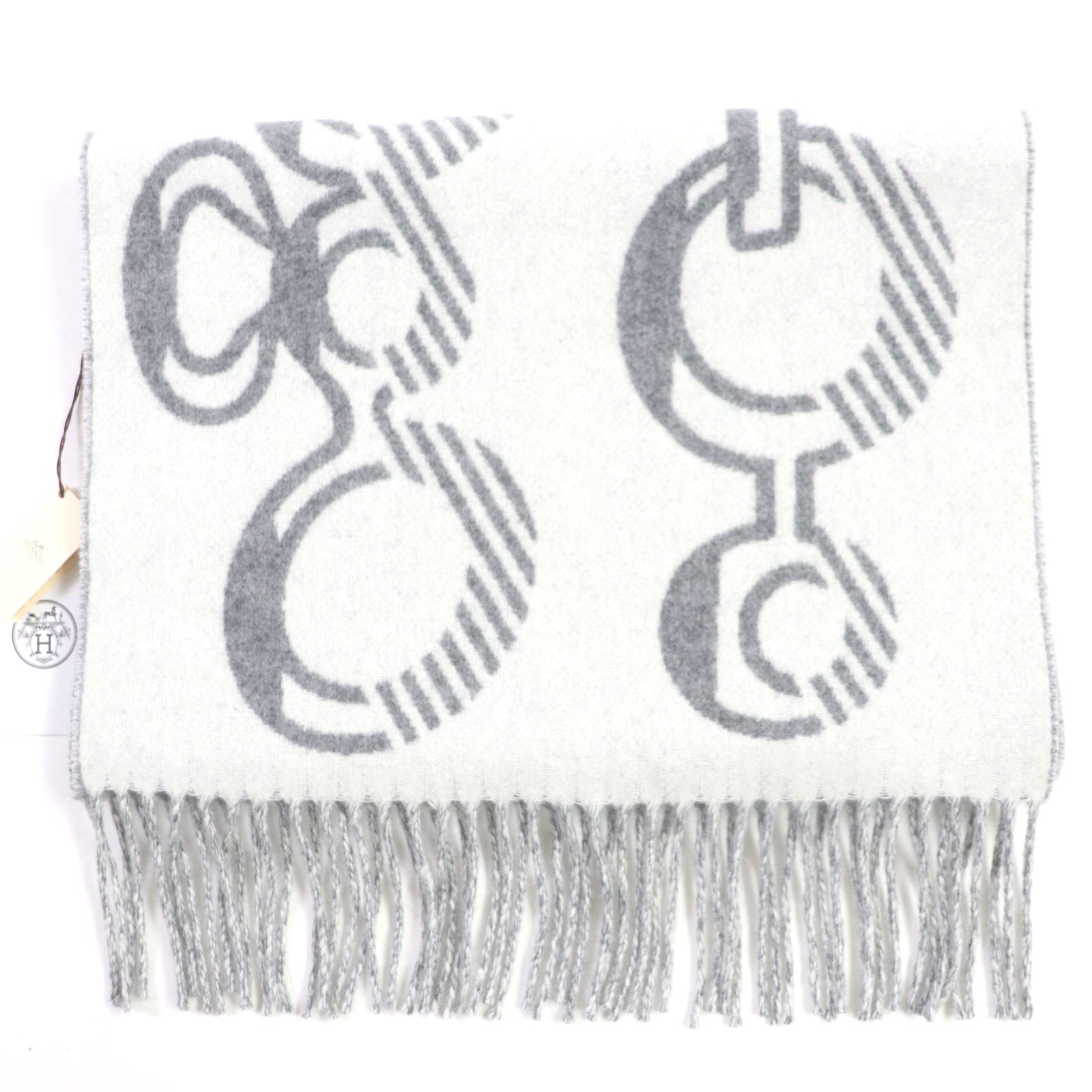 Hermes Cashmere Reversible Fringe Scarf Gray