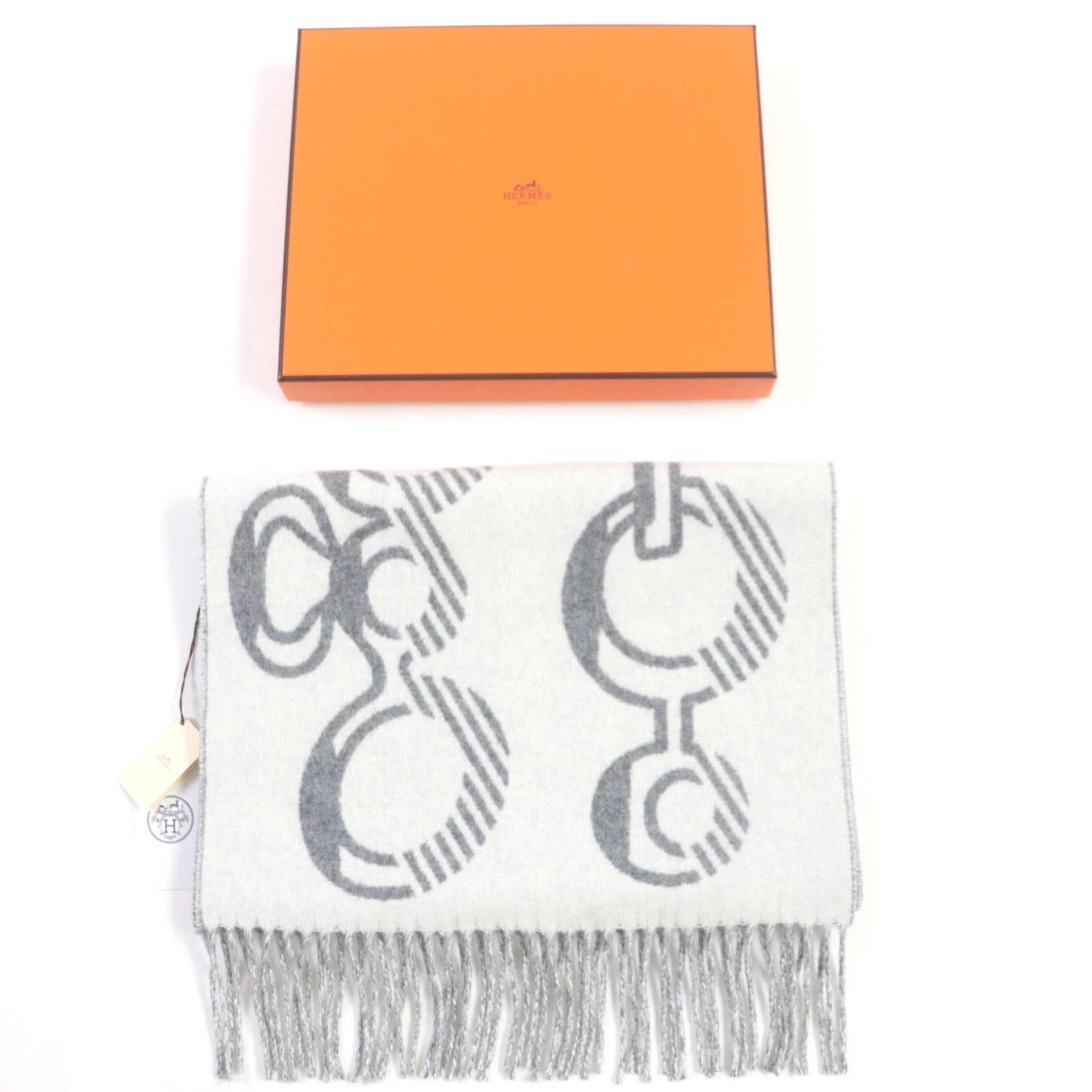 Hermes Cashmere Reversible Fringe Scarf Gray