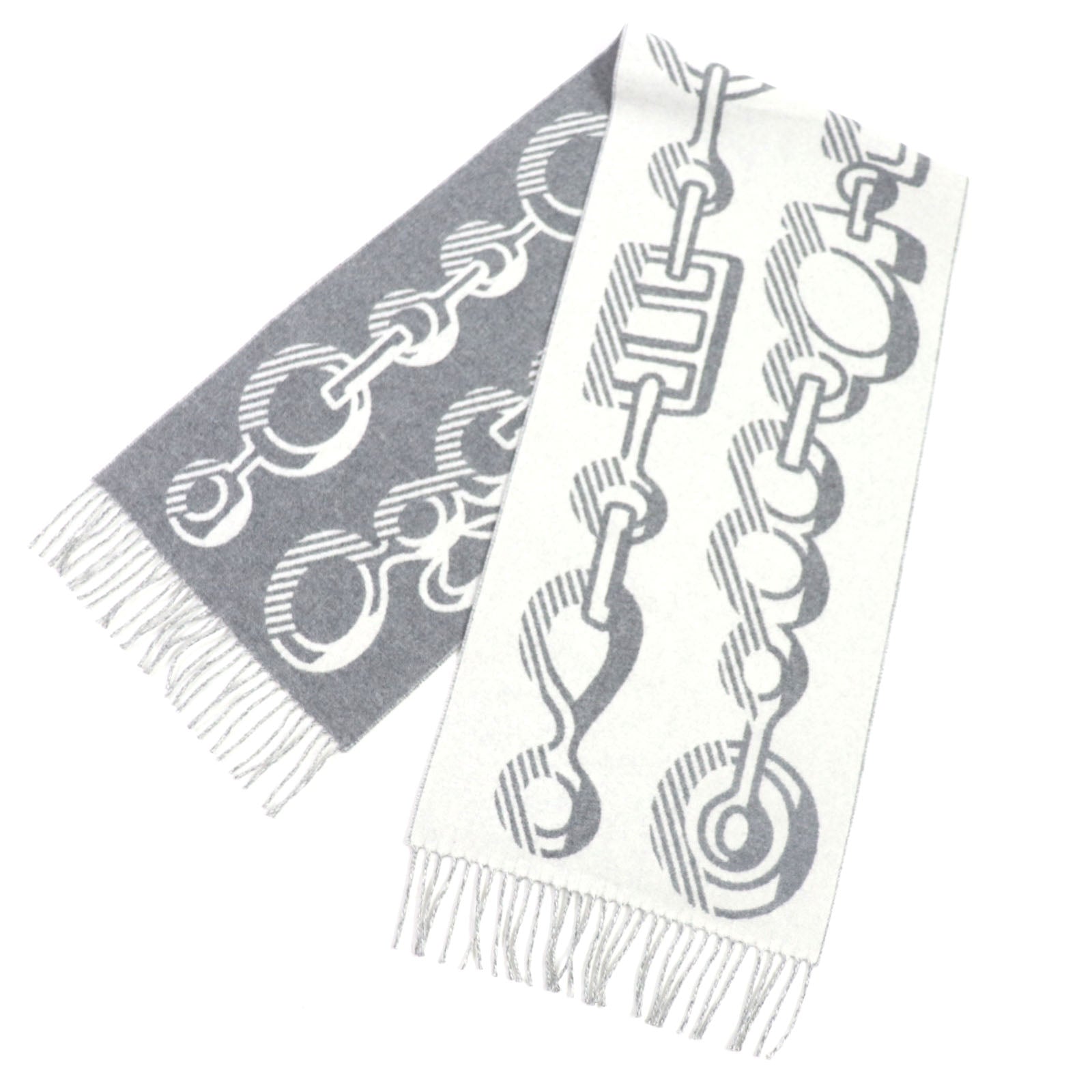 Hermes Cashmere Reversible Fringe Scarf Gray