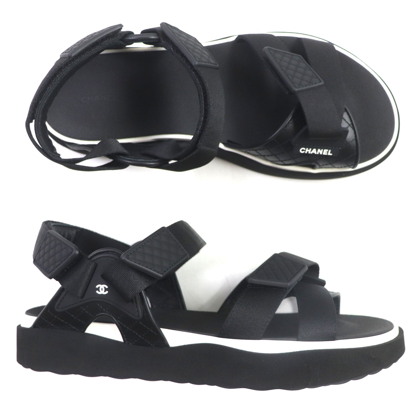 Chanel Leather Velcro Sandals Black 43