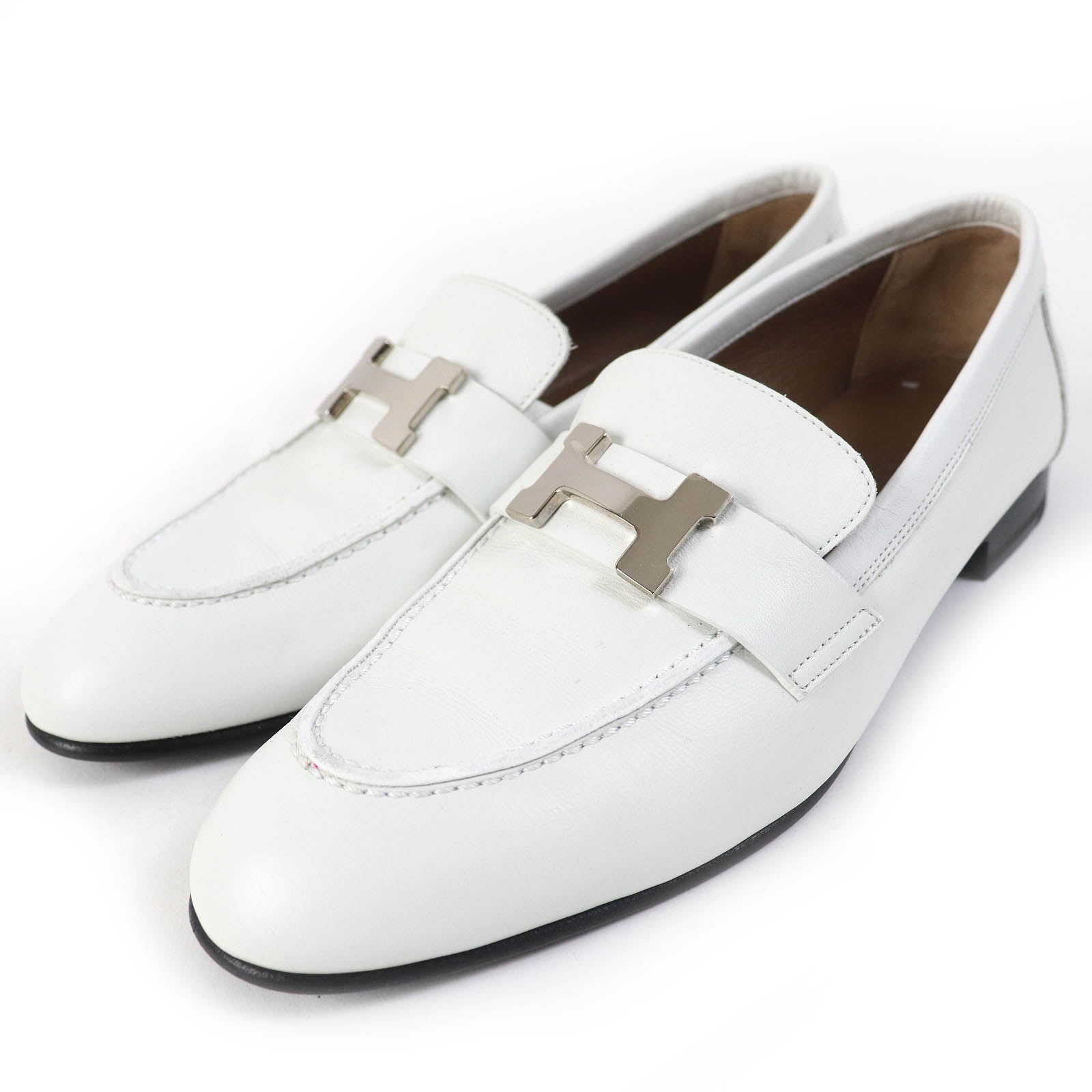 Hermes Constance H Leather Moccasins White 36