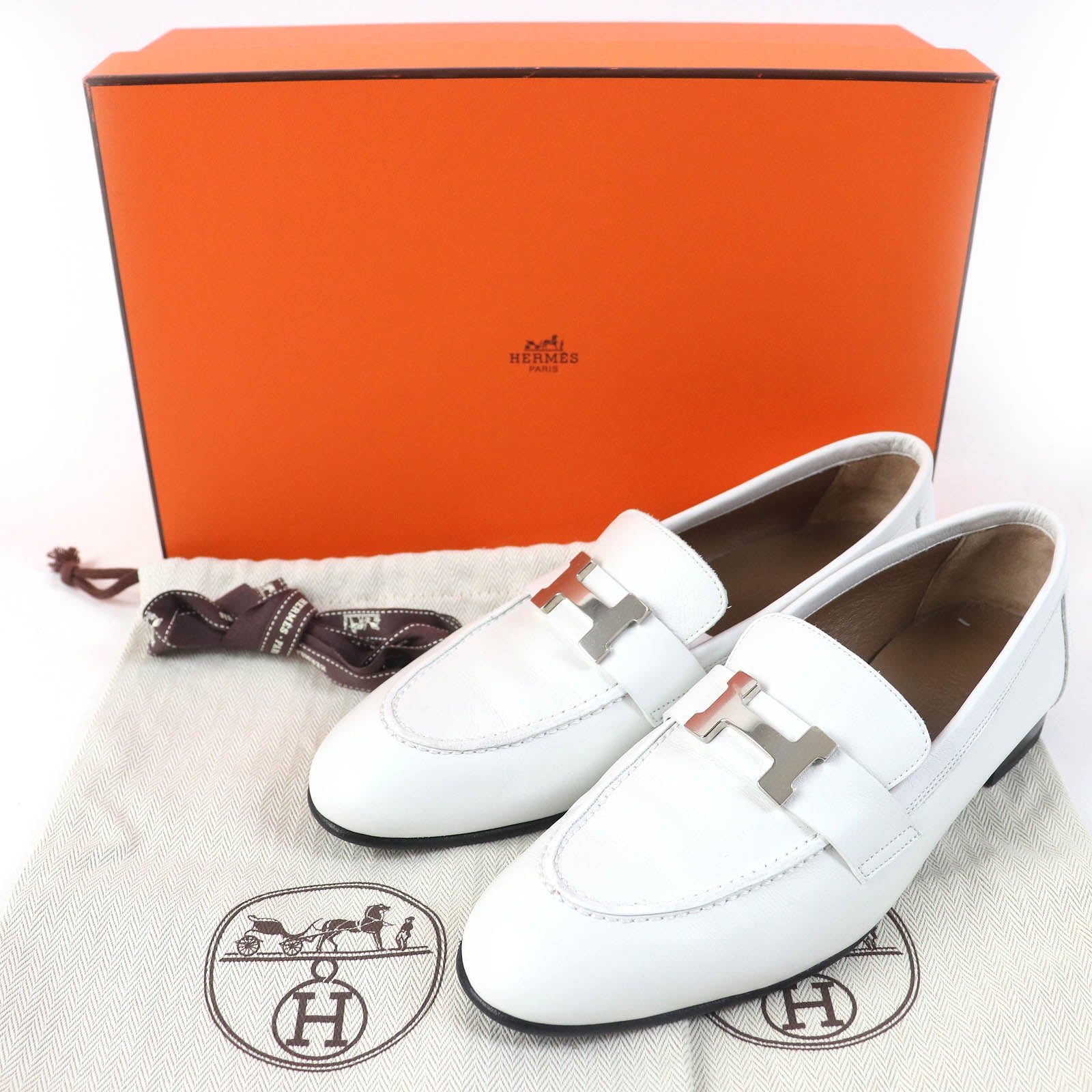 Hermes Constance H Leather Moccasins White 36