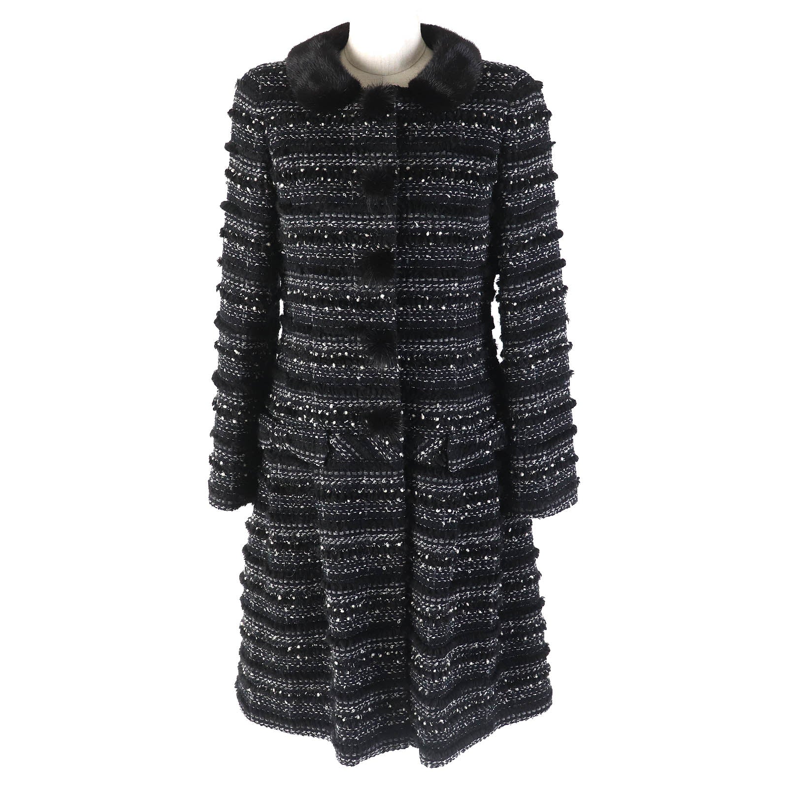 Rene Wool Acrylic Tweed Coat with Fur Collar