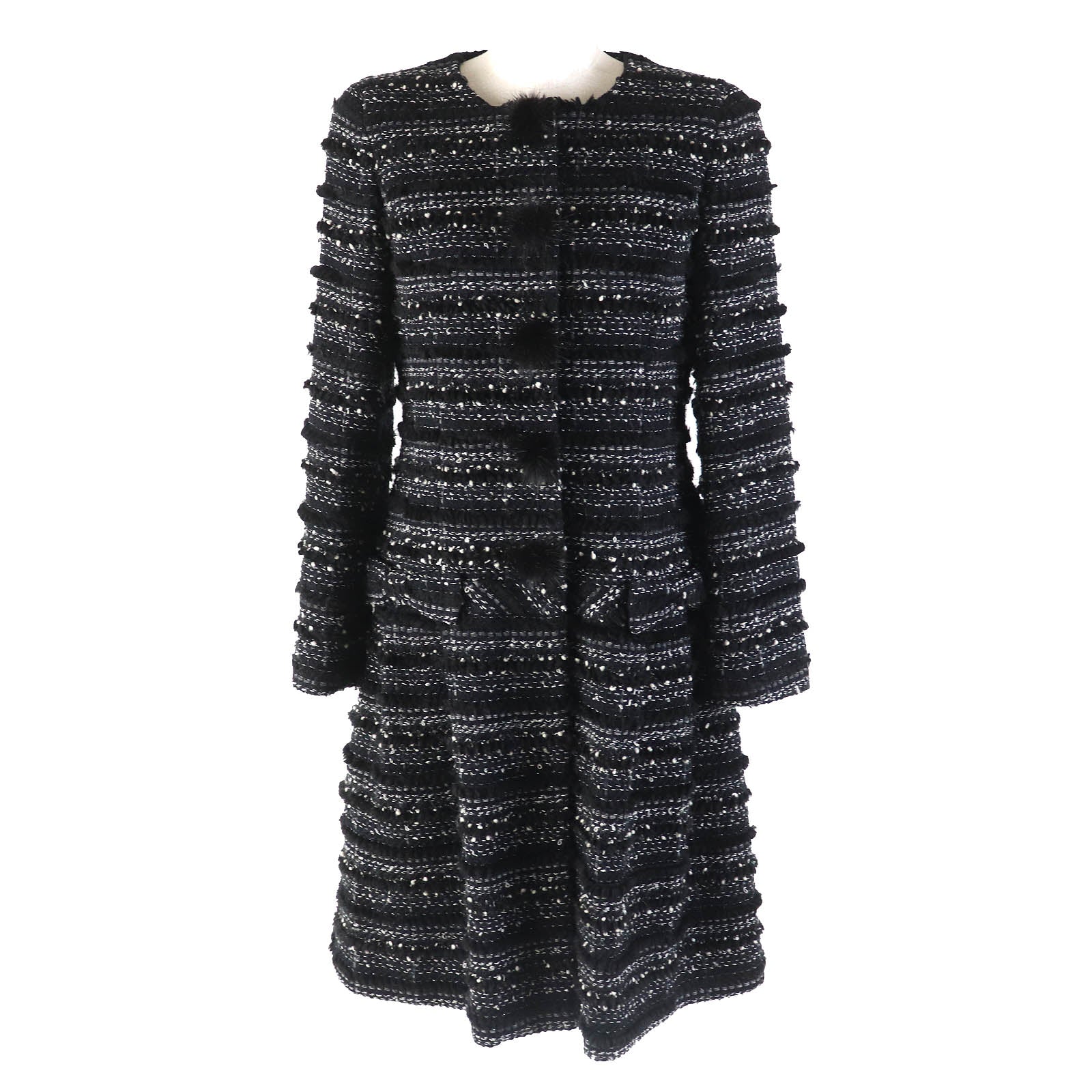 Rene Wool Acrylic Tweed Coat with Fur Collar