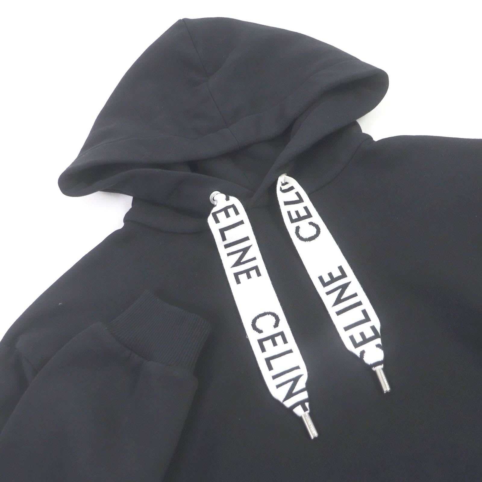 Celine Cotton Logo Drawcord Hoodie Black XS