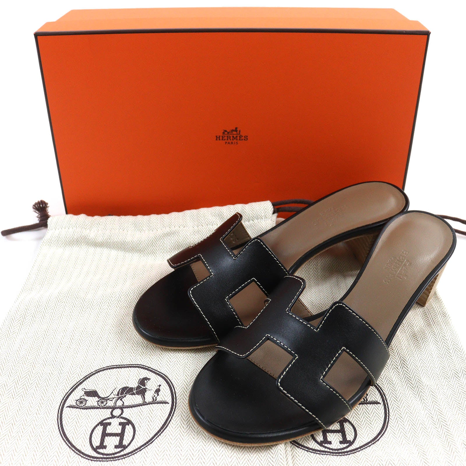 Hermes Oasis H Logo Leather Mules Black