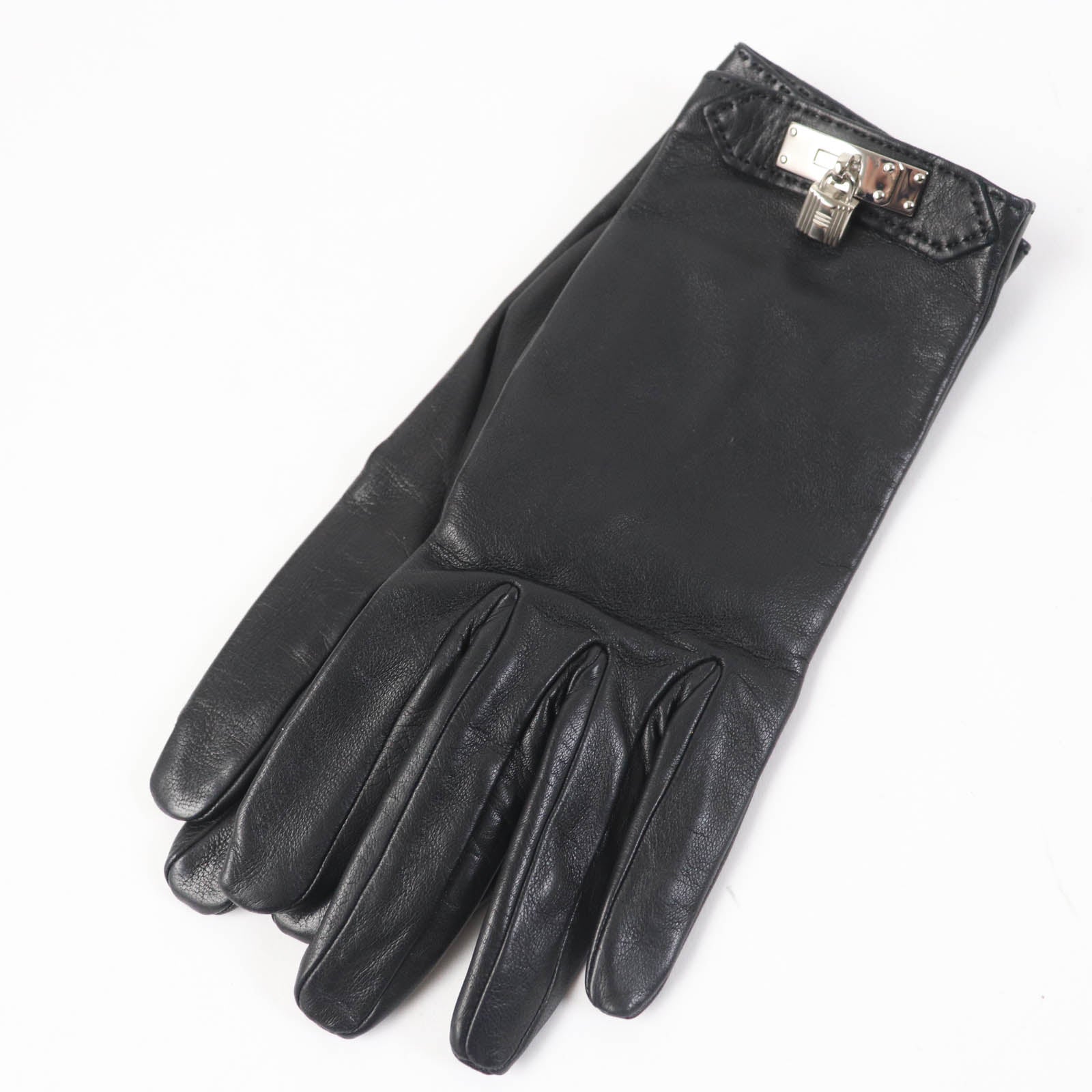 Hermes Lamb Leather Silk Gloves Black 6.5