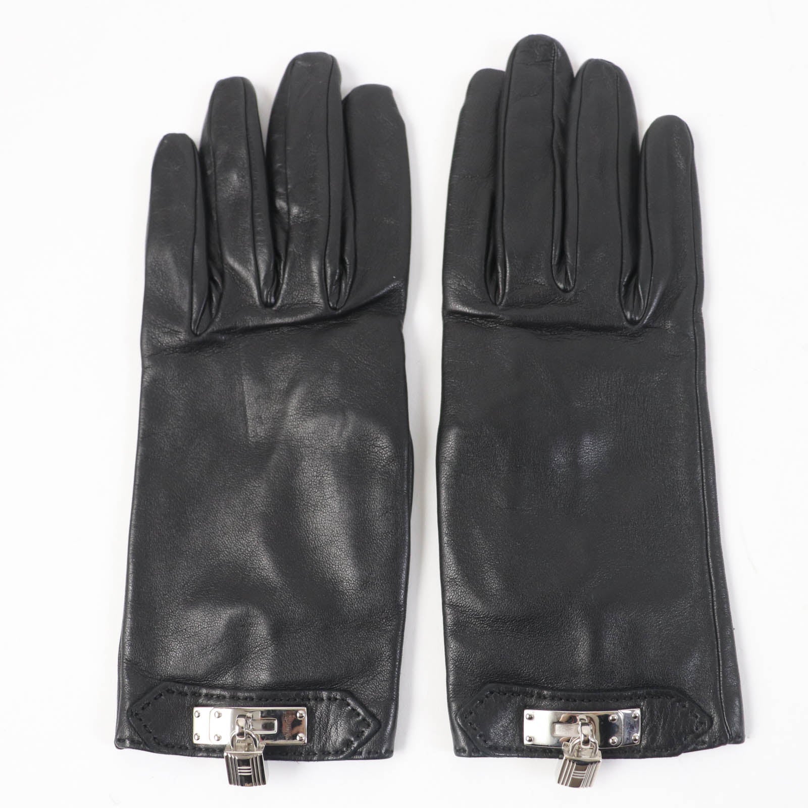 Hermes Lamb Leather Silk Gloves Black 6.5