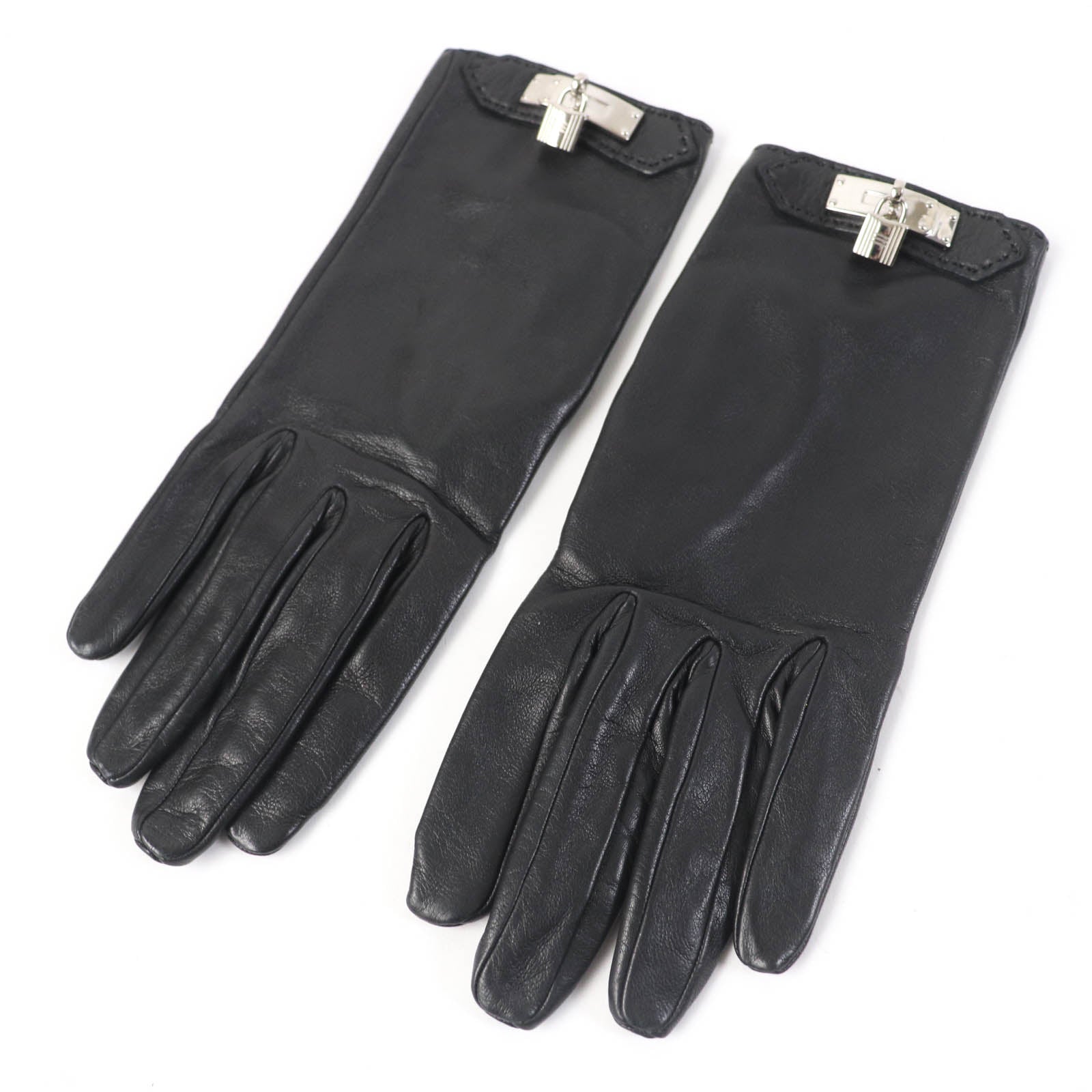 Hermes Lamb Leather Silk Gloves Black 6.5