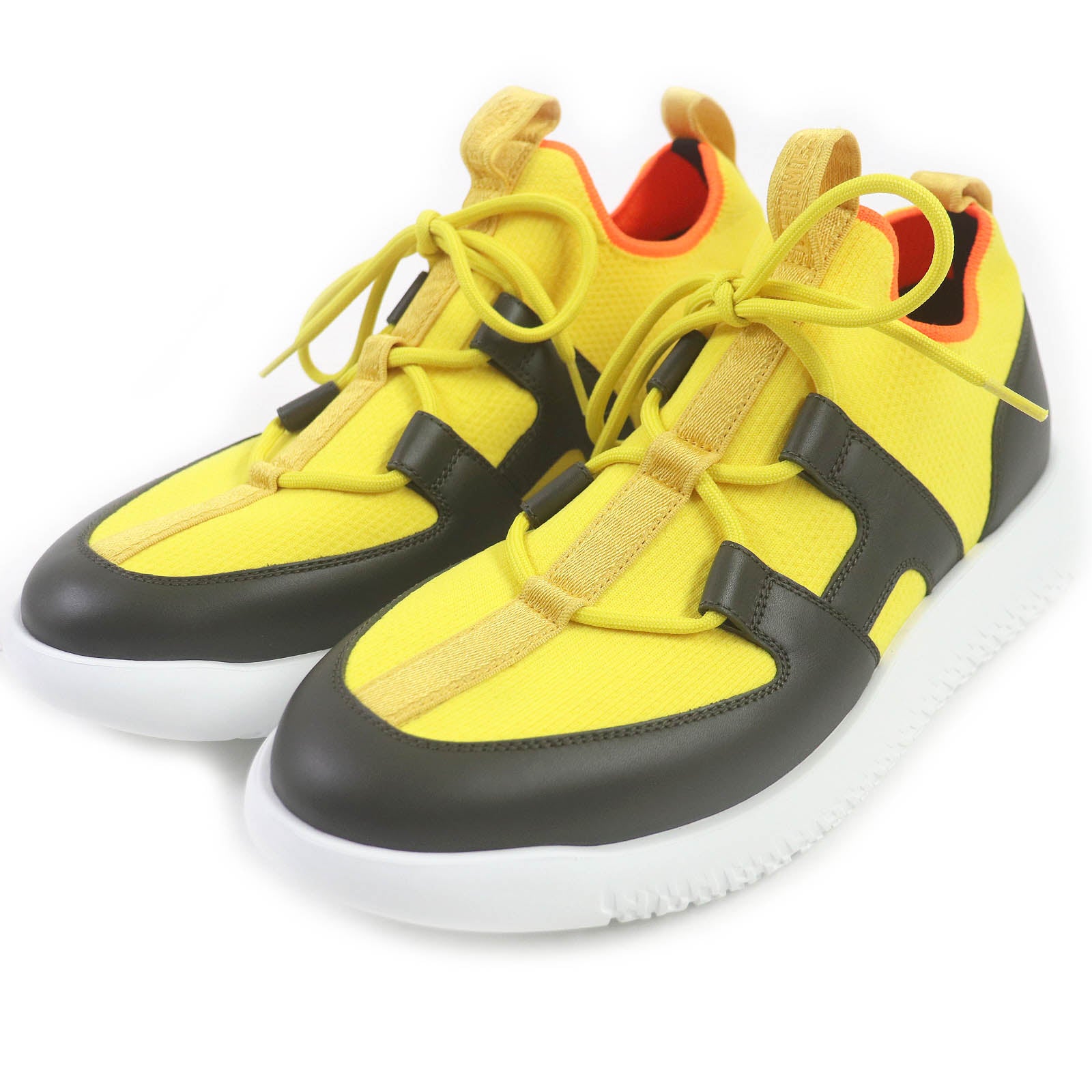 HERMES Leather Knit Low Sneakers Yellow Black 40