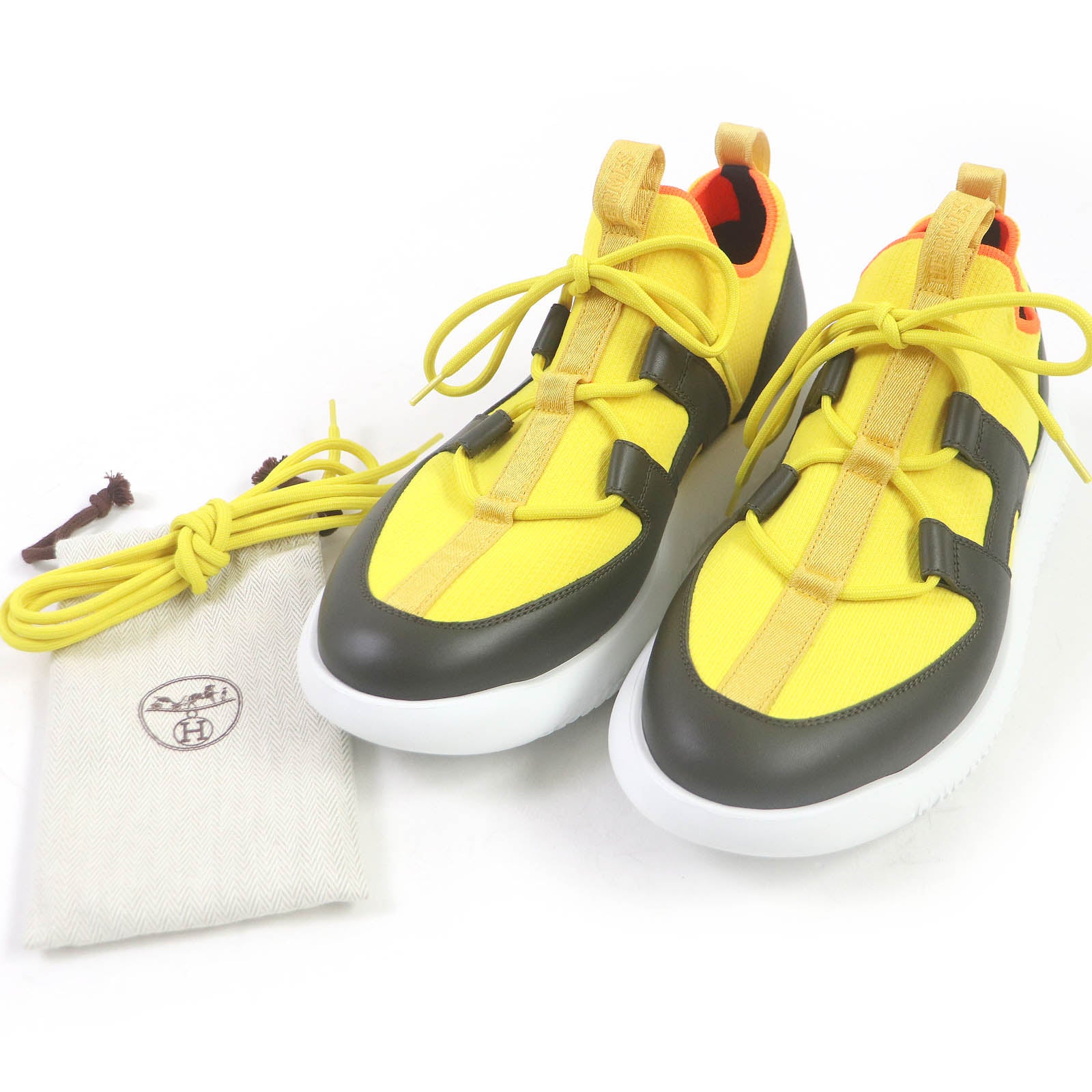 HERMES Leather Knit Low Sneakers Yellow Black 40