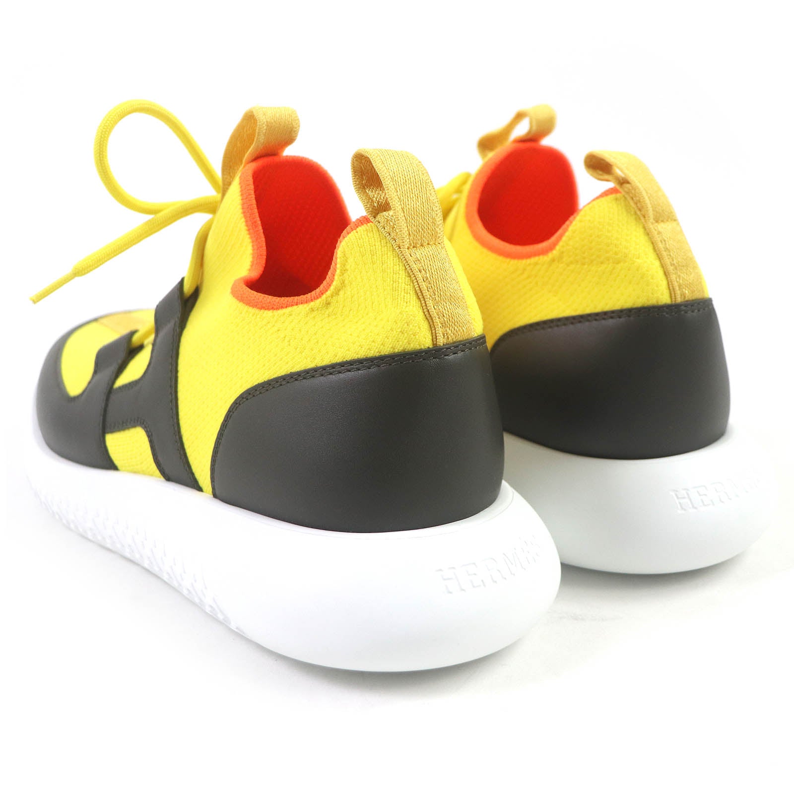 HERMES Leather Knit Low Sneakers Yellow Black 40