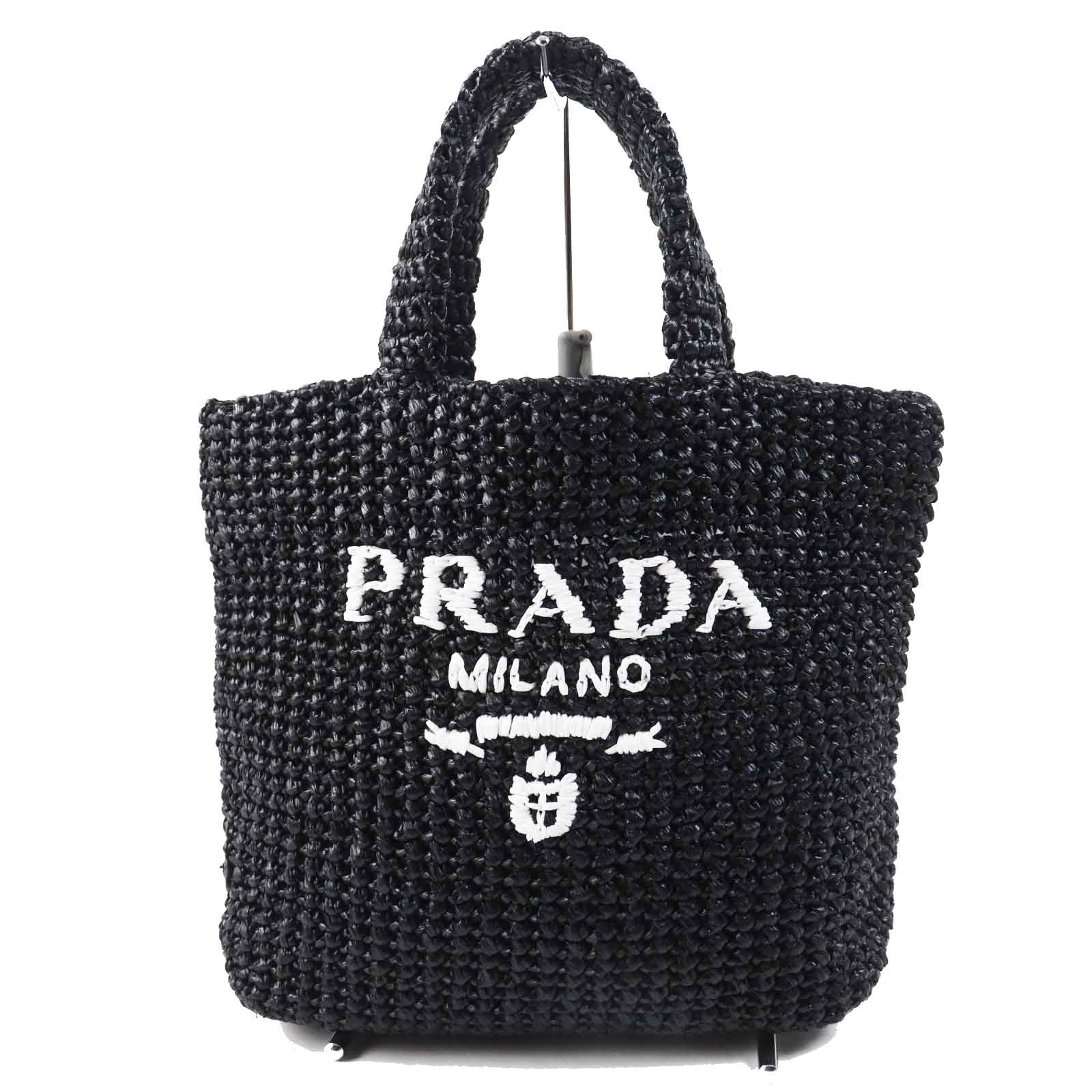 Prada Raffia Crochet Triangle Logo Tote Bag