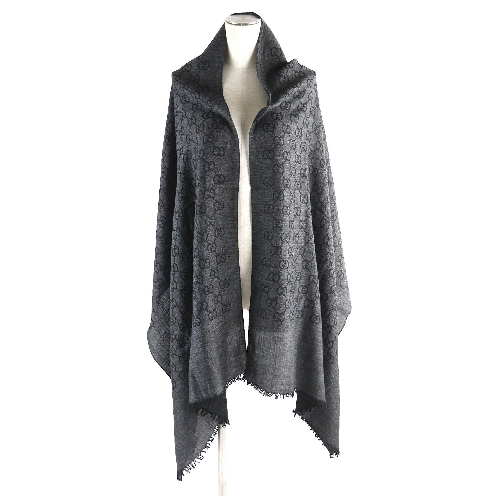 GUCCI Wool Silk GG Pattern Shawl Dark Gray