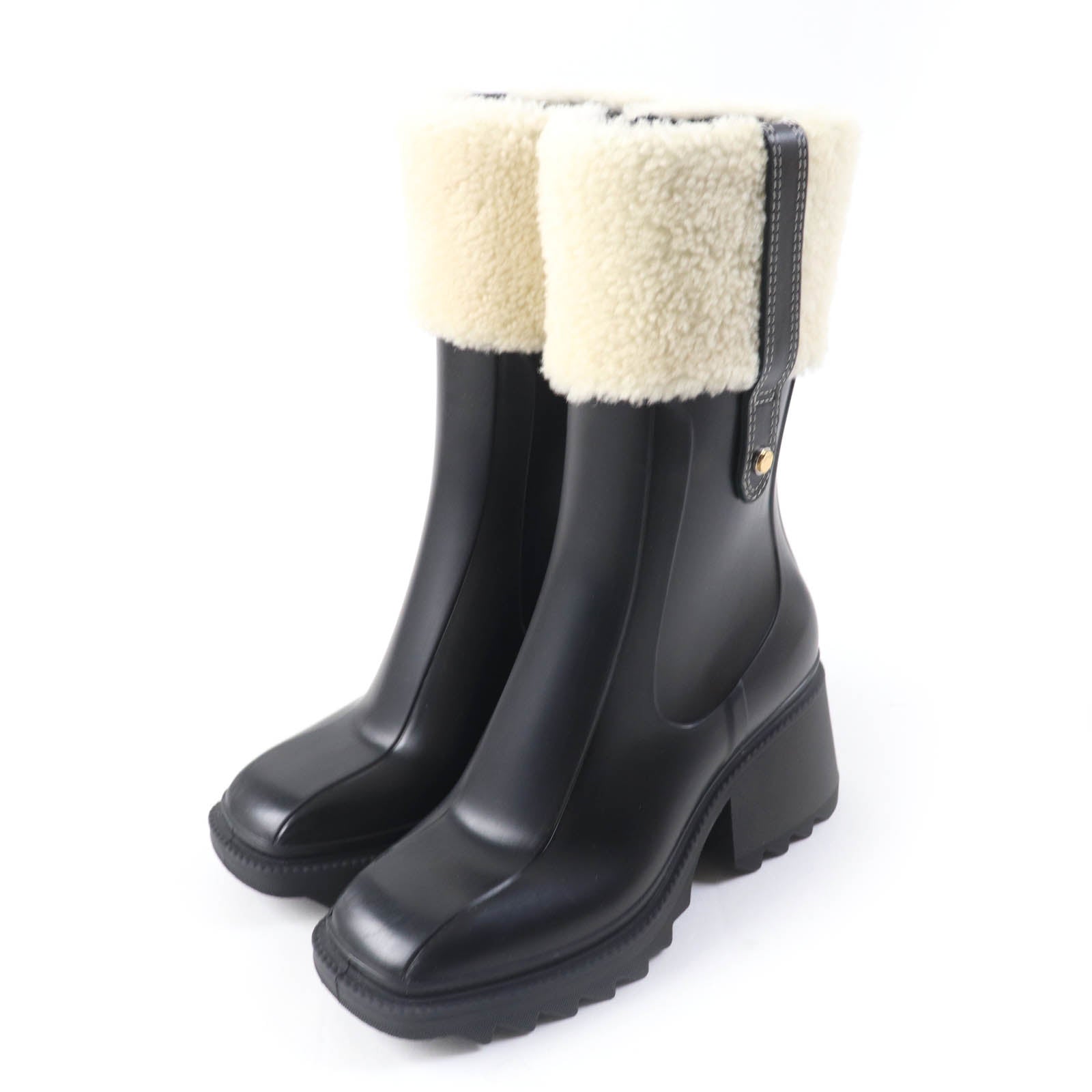 Chloe BETTY Lamb Fur Rubber Rain Boots Black