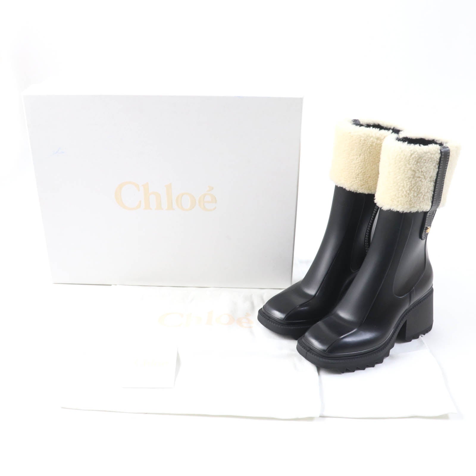 Chloe BETTY Lamb Fur Rubber Rain Boots Black