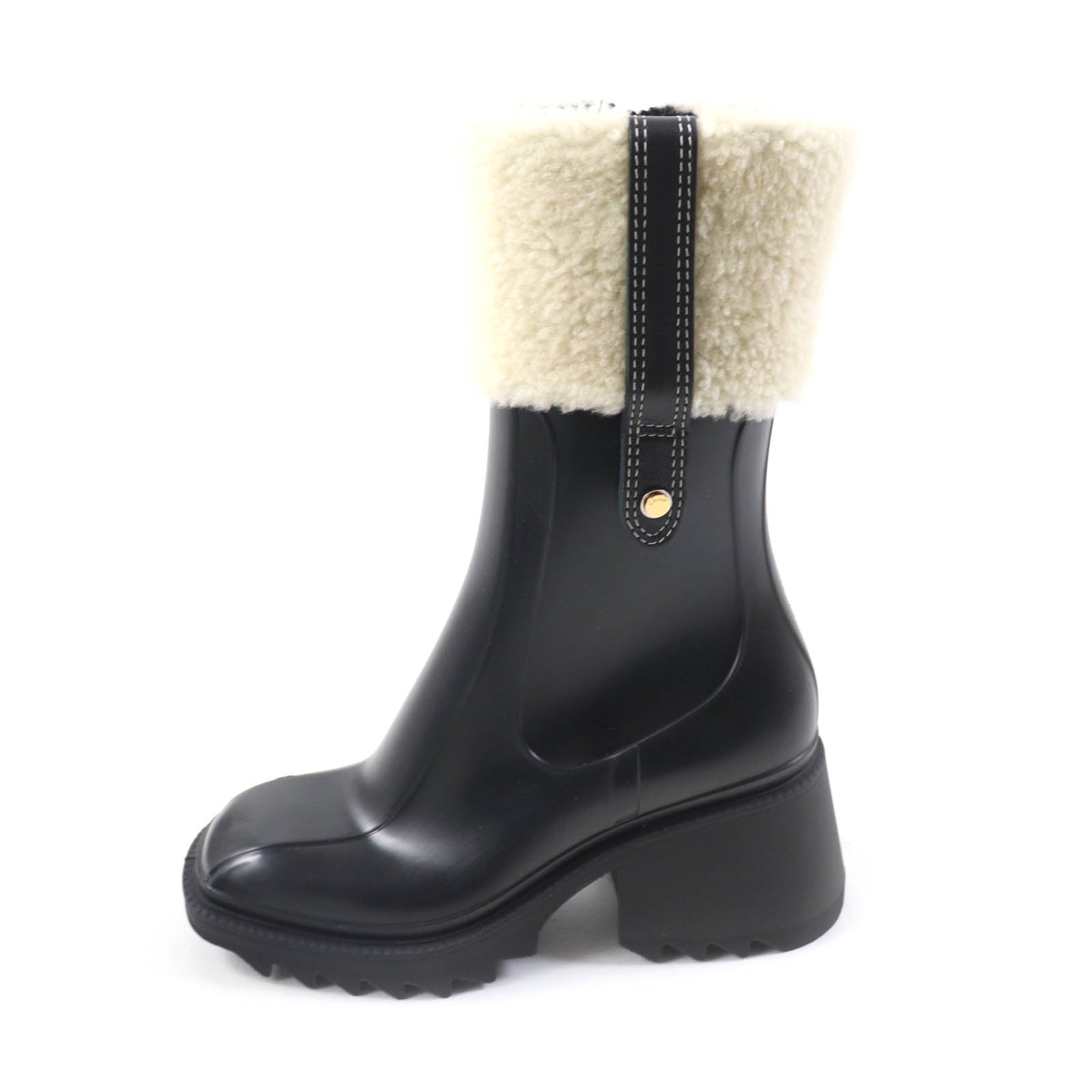 Chloe BETTY Lamb Fur Rubber Rain Boots Black