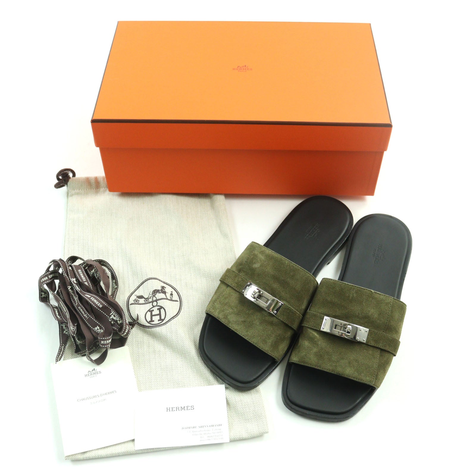 Hermes Suede Leather Sandals 43 Khaki Black