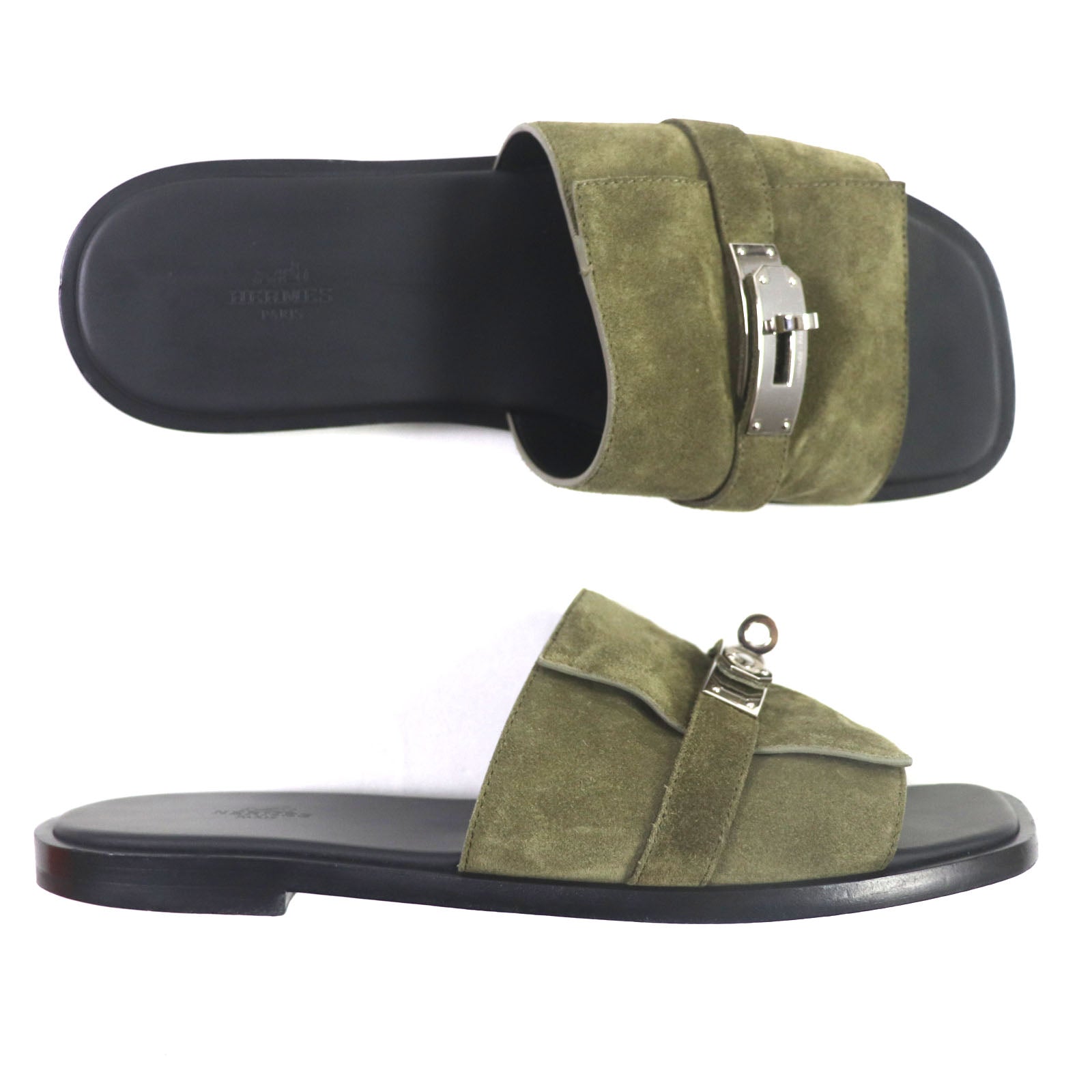 Hermes Suede Leather Sandals 43 Khaki Black